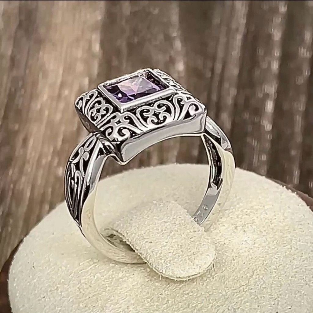 Other Sterling Silver Ornate Square Cut Amethyst CZ Ring Size 6 Size ONE SIZE - 6 Thumbnail