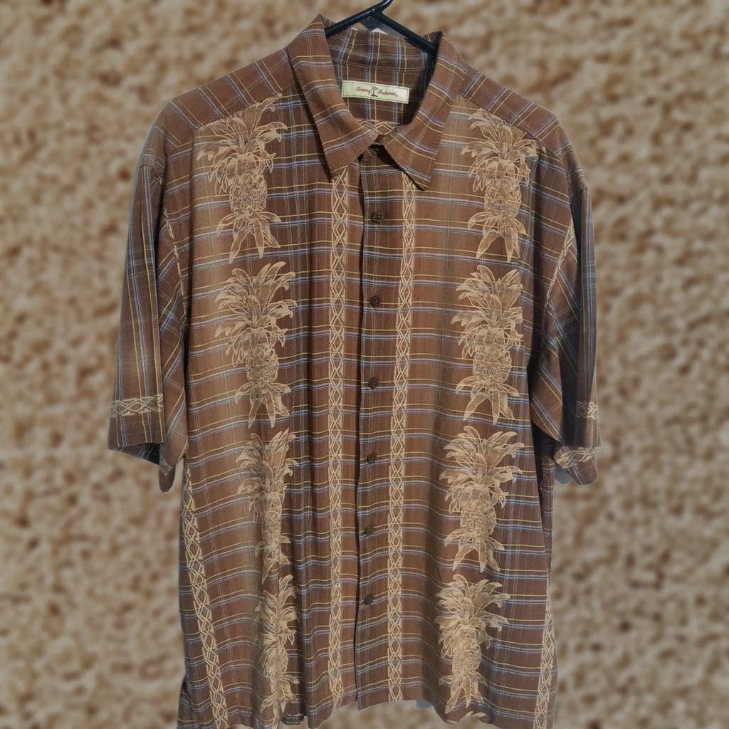 Tommy Bahama Tommy Bahama Shirt Men's XLarge Brown Silk Plaid Floral Hawaiian S/S Button Up Size US XL / EU 56 / 4 - 1 Thumbnail