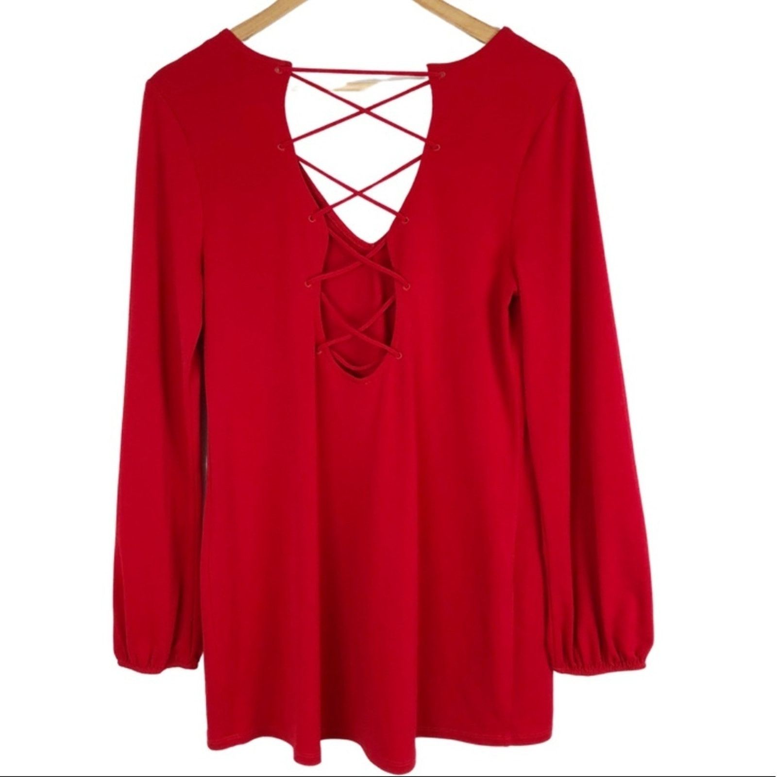 Express Express Women’s Red Lace Up Long Sleeve Sexy Blouse Size M / US 6-8 / IT 42-44 - 9 Thumbnail