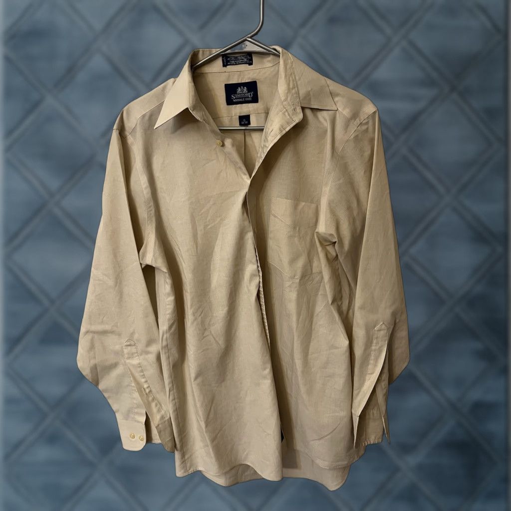 Stafford Stafford Shirt Men's 15 Beige Wrinkle-Free Athletic Fit Long Sleeve Button-Up Collared Oxford Cotton Polyester Classic Casual Mens Size 15 Chest 17 Size US M / EU 48-50 / 2 - 1 Thumbnail