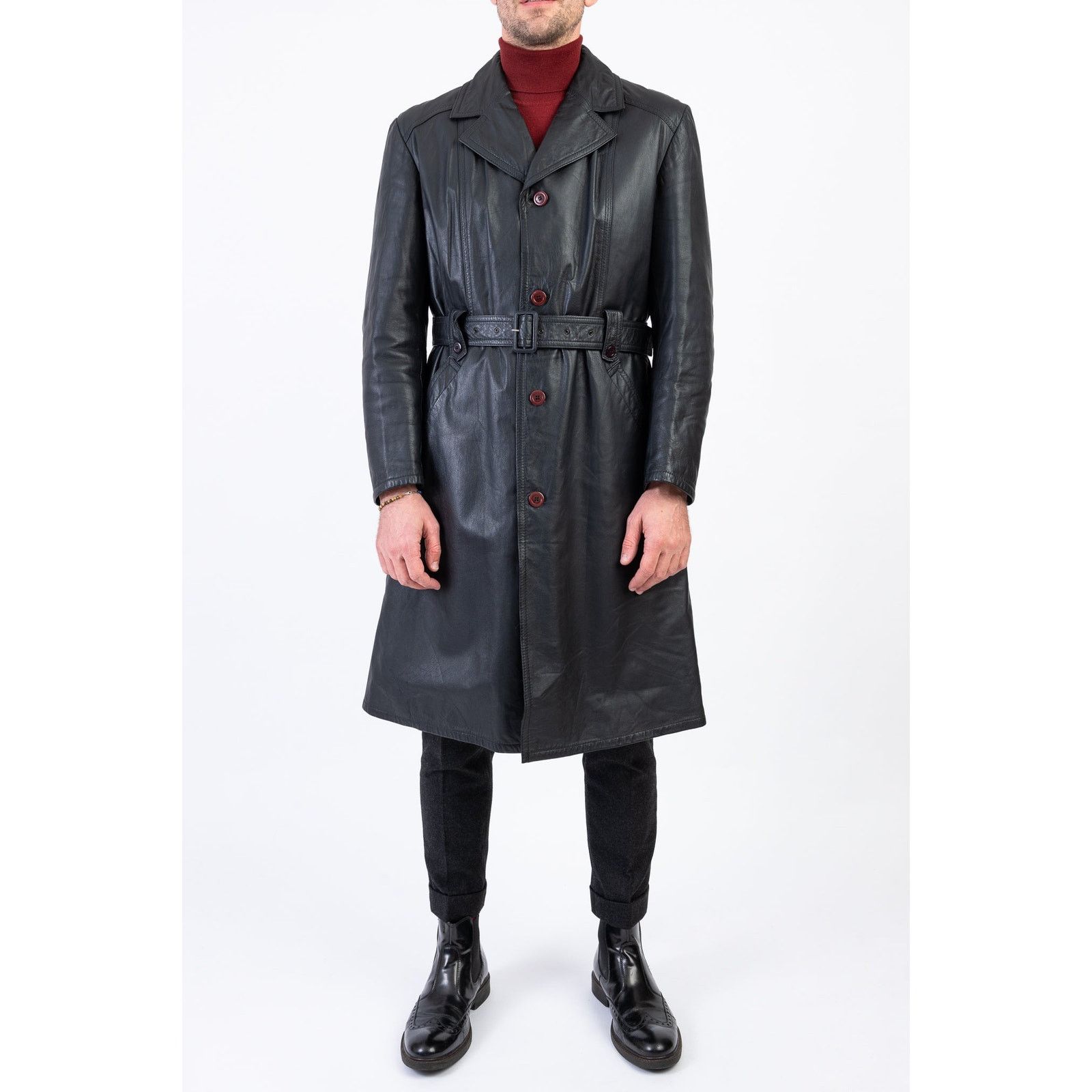 Friitala Black Leather Trench Coat Men's Size L EU 52 US 42