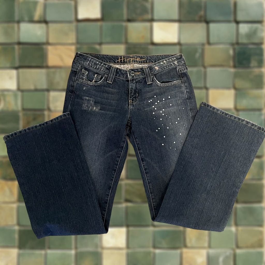 Vintage VINTAGE Hippie Jeans Women's 26R Rhinestone Bootcut Blue Denim Straight Leg Low Rise 30in Inseam Stars Size 26" / US 2 / IT 38 - 1 Thumbnail