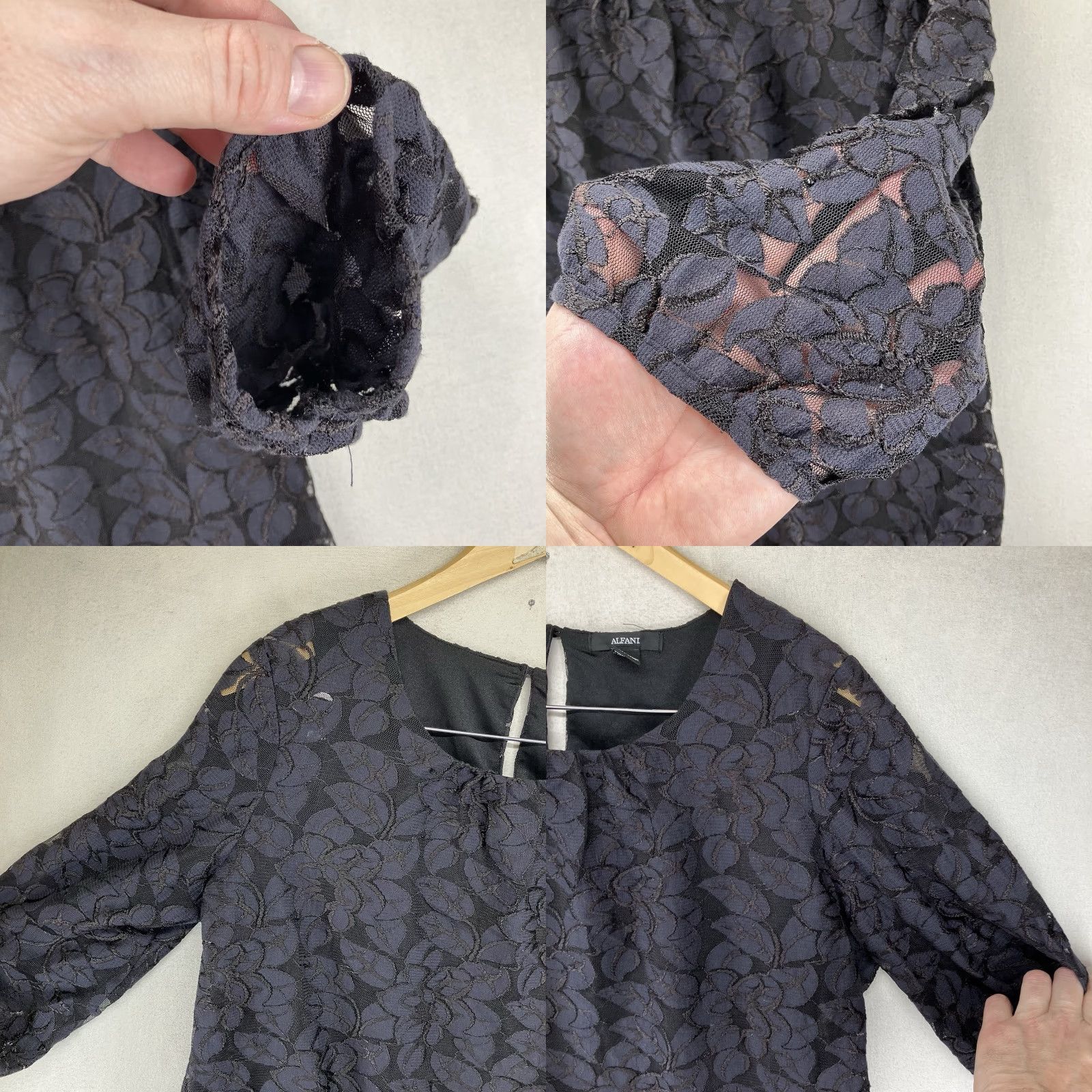Alfani Alfani Women's Blouse Shirt Dark Romantic Black Floral Lace Top 3/4 Sleeve Round Neck Pullover Sheer Casual Regular L Black Womens Size L / US 10 / IT 46 - 8 Thumbnail