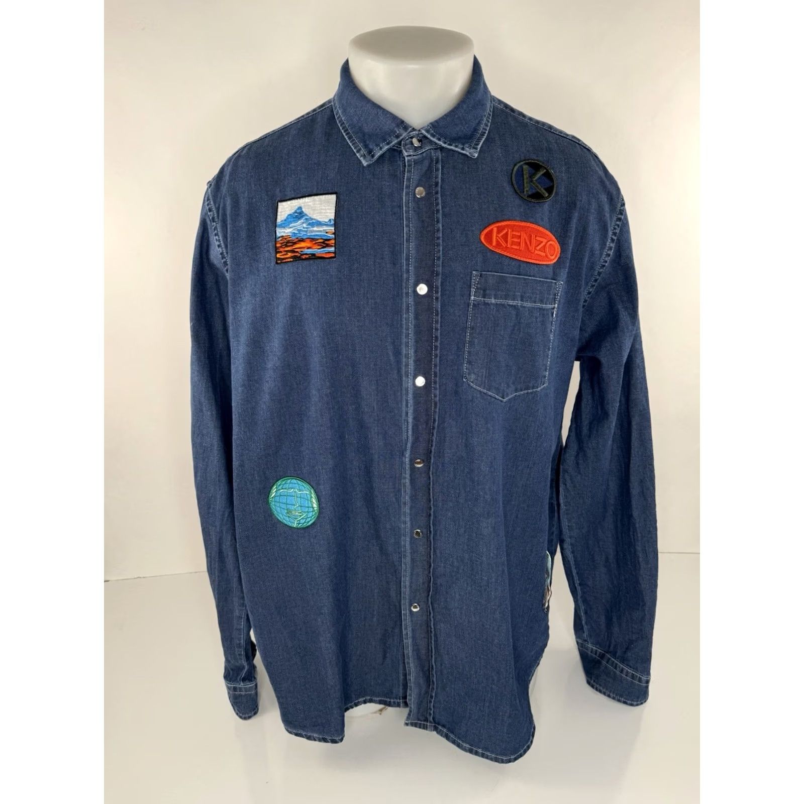 Kenzo KENZO Paris - DENIM Embroidered Patches Metal Snap Shirt - XL Blue Men’s Button-Up Long Sleeve Size US XL / EU 56 / 4 - 2 Thumbnail