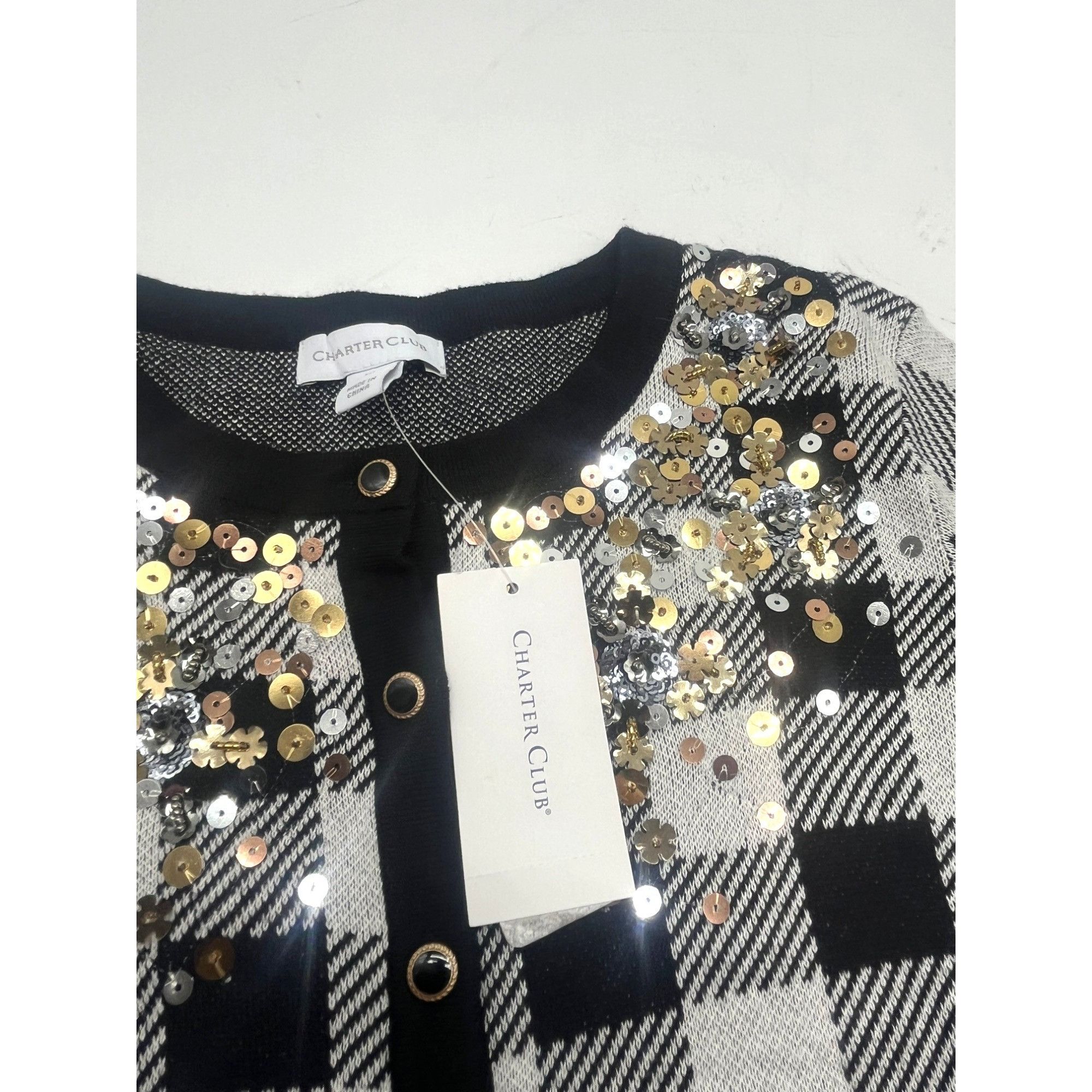 Other Charter Club Plaid Sequined Cardigan, Cloud Combo, XS Size XS / US 0-2 / IT 36-38 - 5 Thumbnail