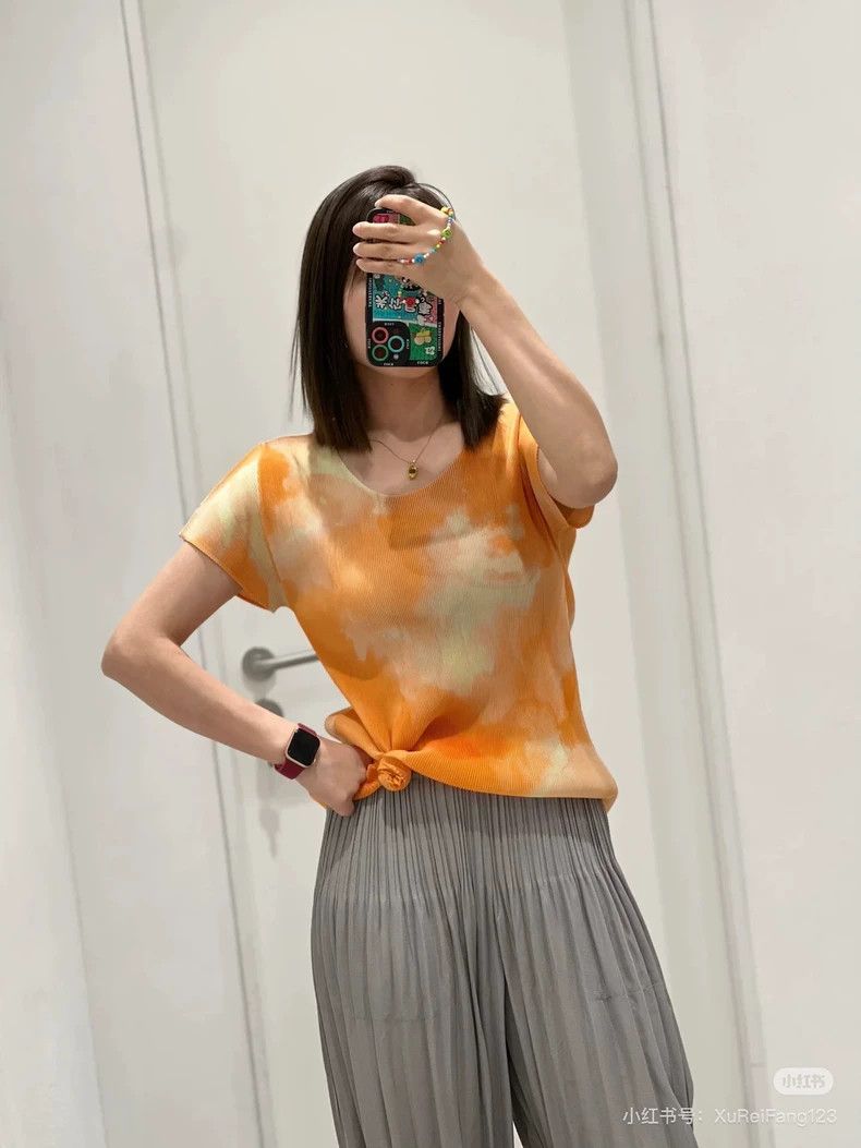 Issey Miyake Issey Miyake size:3 Orange pleated marble-patterned top Size XS / US 0-2 / IT 36-38 - 8 Thumbnail