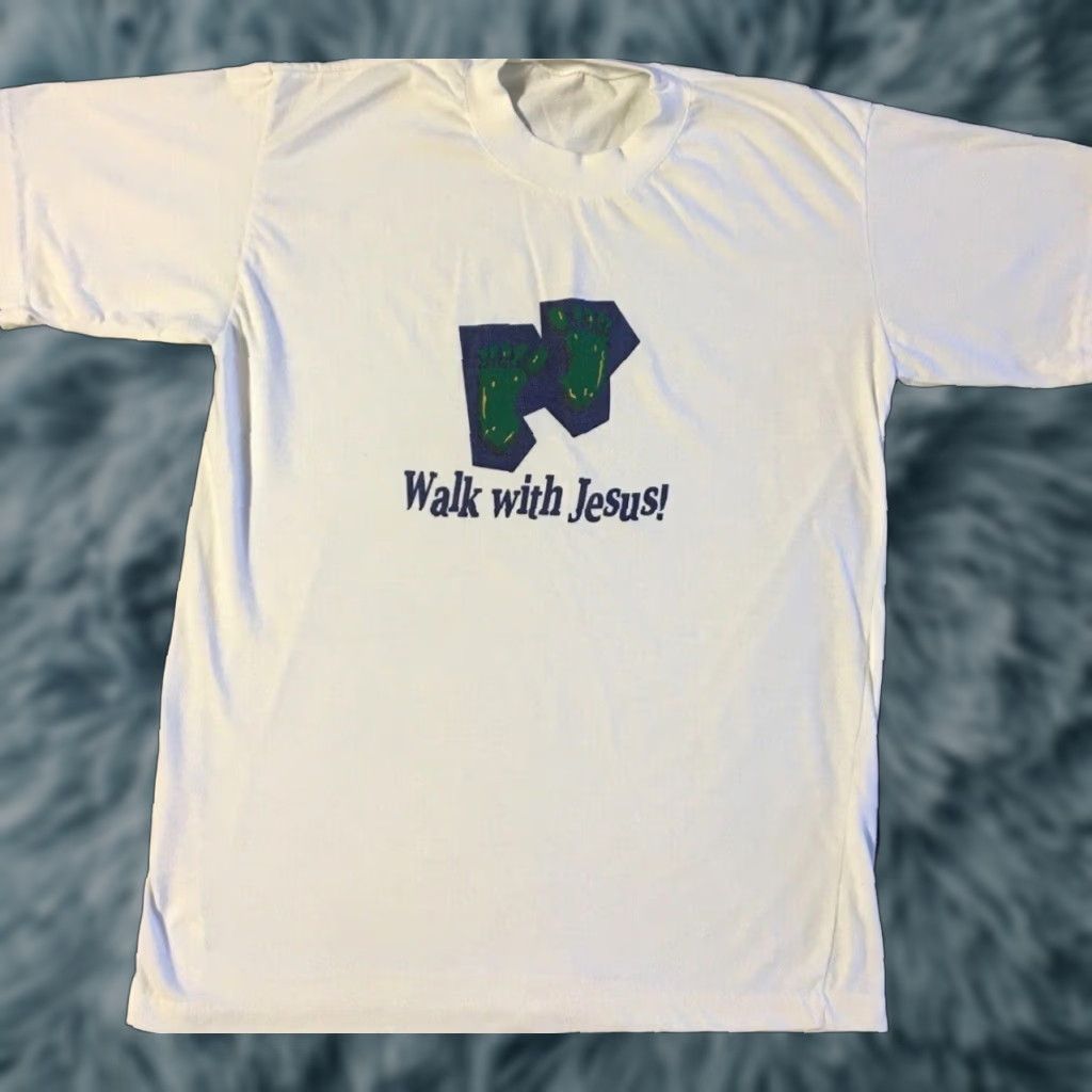 VINTAGE 90s Walk With Jesus Christ Faded Shirt M L White Shirt Men Short Sleeve T-Shirt Grunge Christian Heaven Bible Religion Punk Rock Fashion