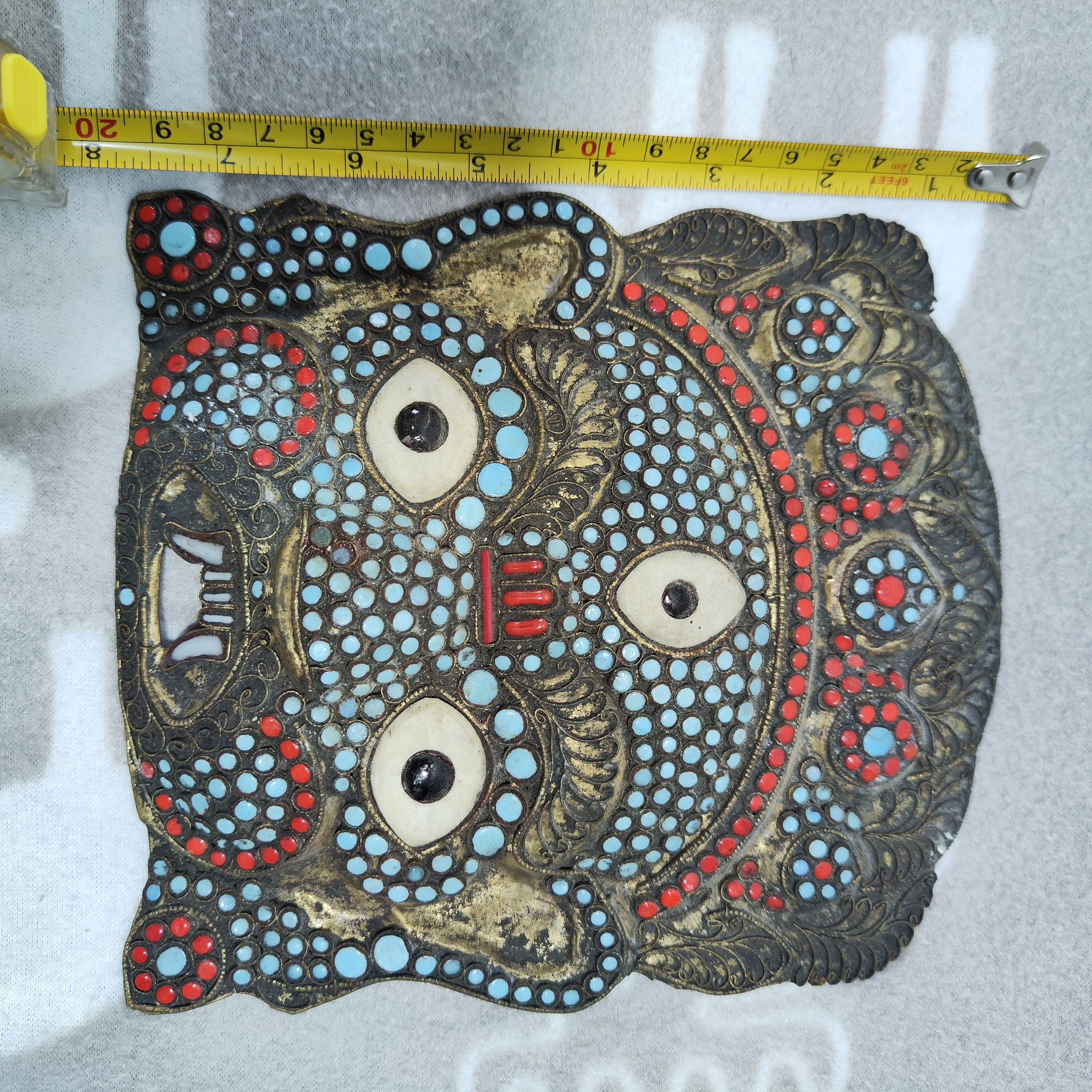Vintage Tibetan Art Brass Mask Turquoise, Asian Home decoration Size ONE SIZE - 3 Thumbnail