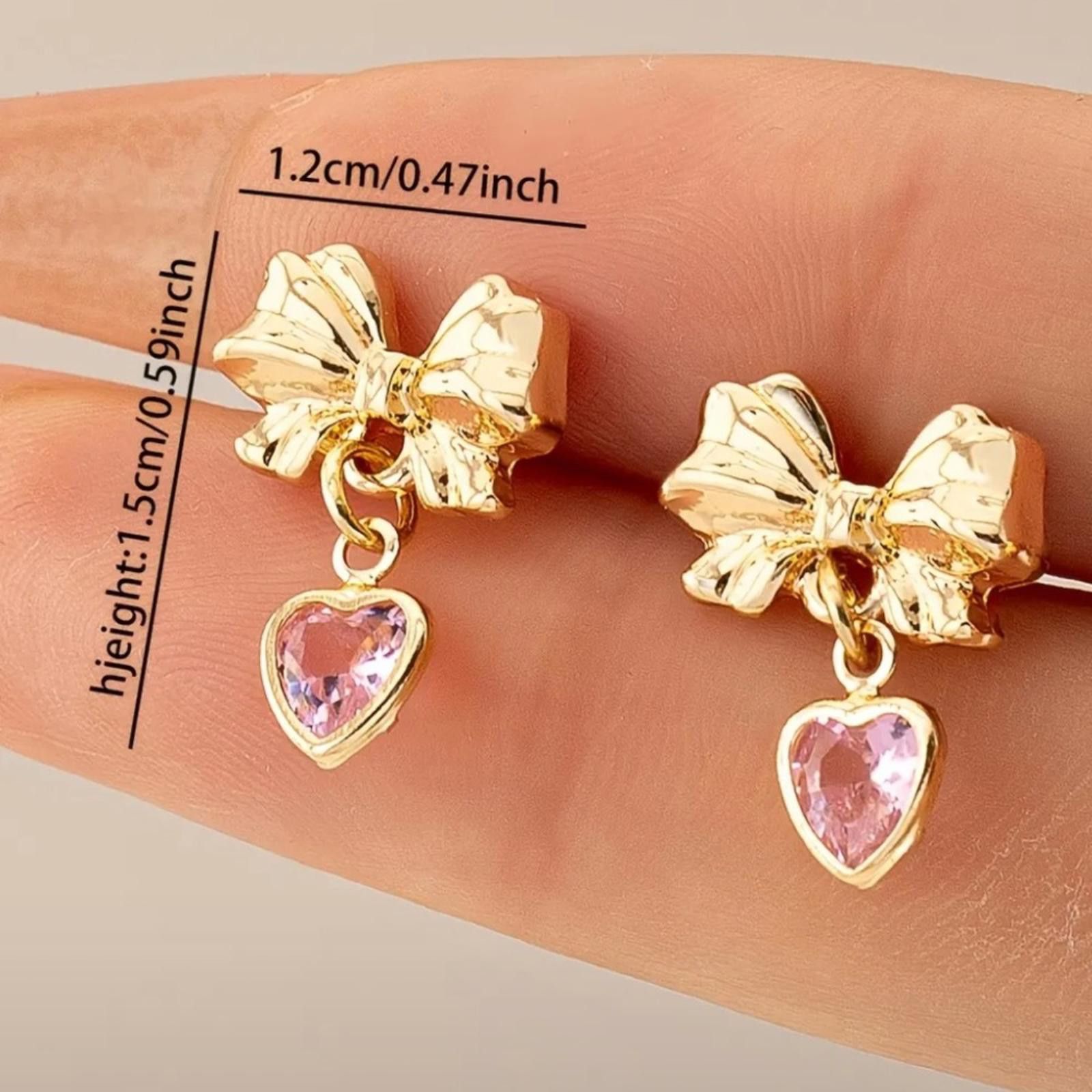 Designer Gold Bow Earrings with Pink Heart Charm Size ONE SIZE - 4 Thumbnail