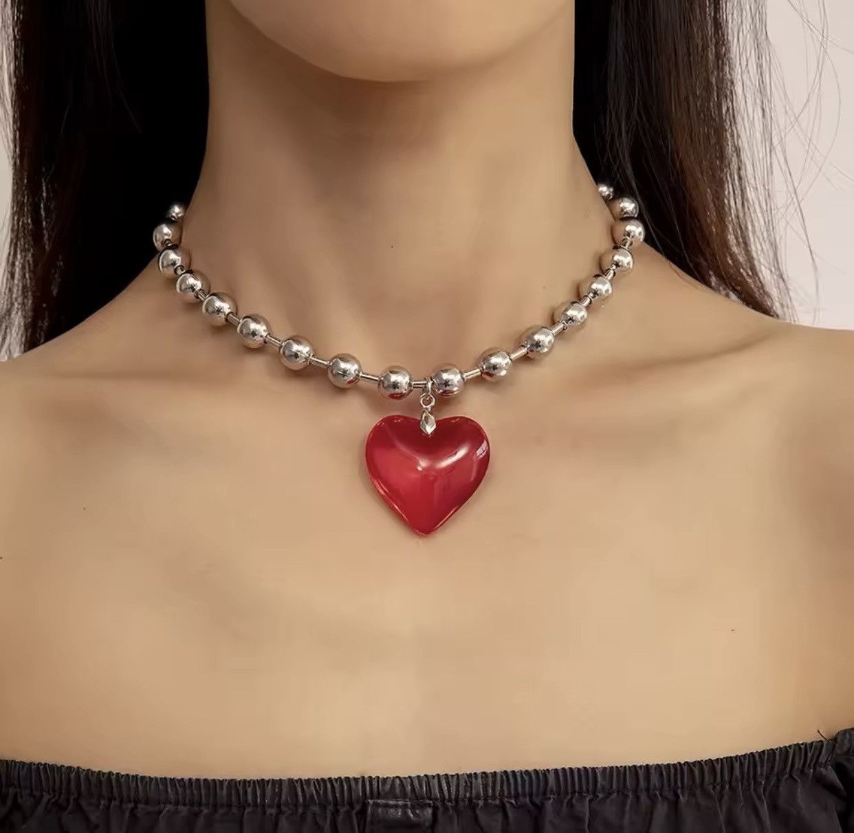 Jewelry Big Red Heart Chain Goth Punk Jewelry Pop Electro Necklace Size ONE SIZE - 3 Thumbnail