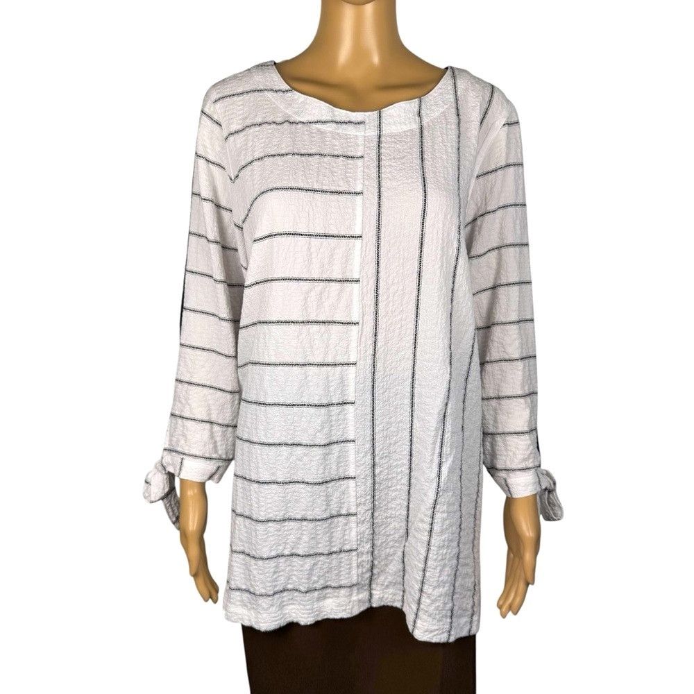 Other Ali Miles Black White Stripe 3/4 Tie Sleeve Tunic Blouse Si Size L / US 10 / IT 46 - 1 Thumbnail