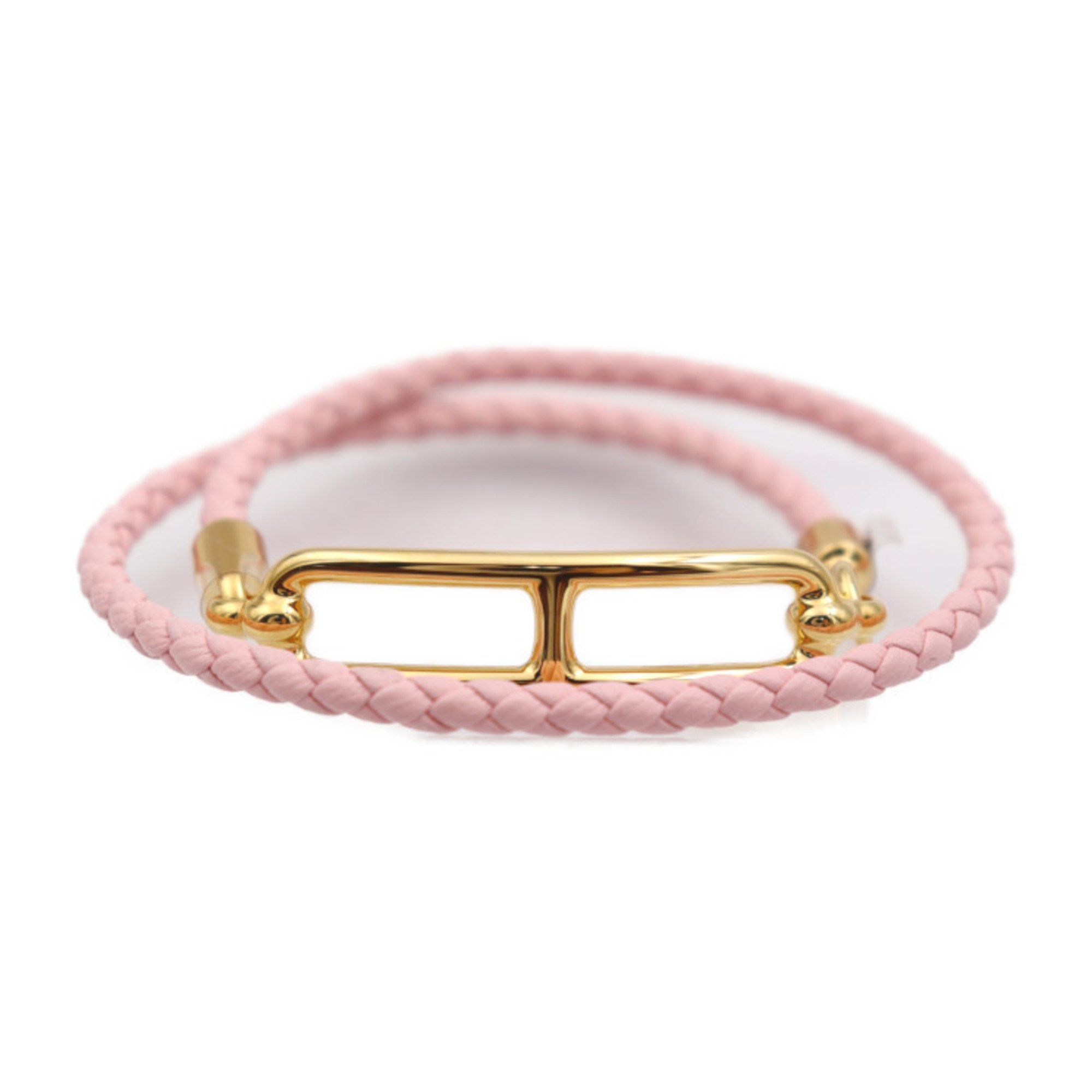 image of Hermes Luli Bracelet Size T2 Leather Metal Pink Gold Chaine D'ancle Double Tour Braided, Women's