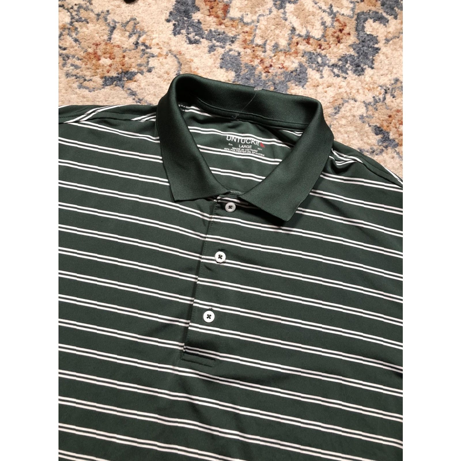 UNTUCKit UNTUCKit Polo Shirt Mens Large Green White Stripe Performance Stretch Golf Shirt Mens L Green Stripe Polo Short Sleeve Athletic Comfort Size US L / EU 52-54 / 3 - 6 Thumbnail