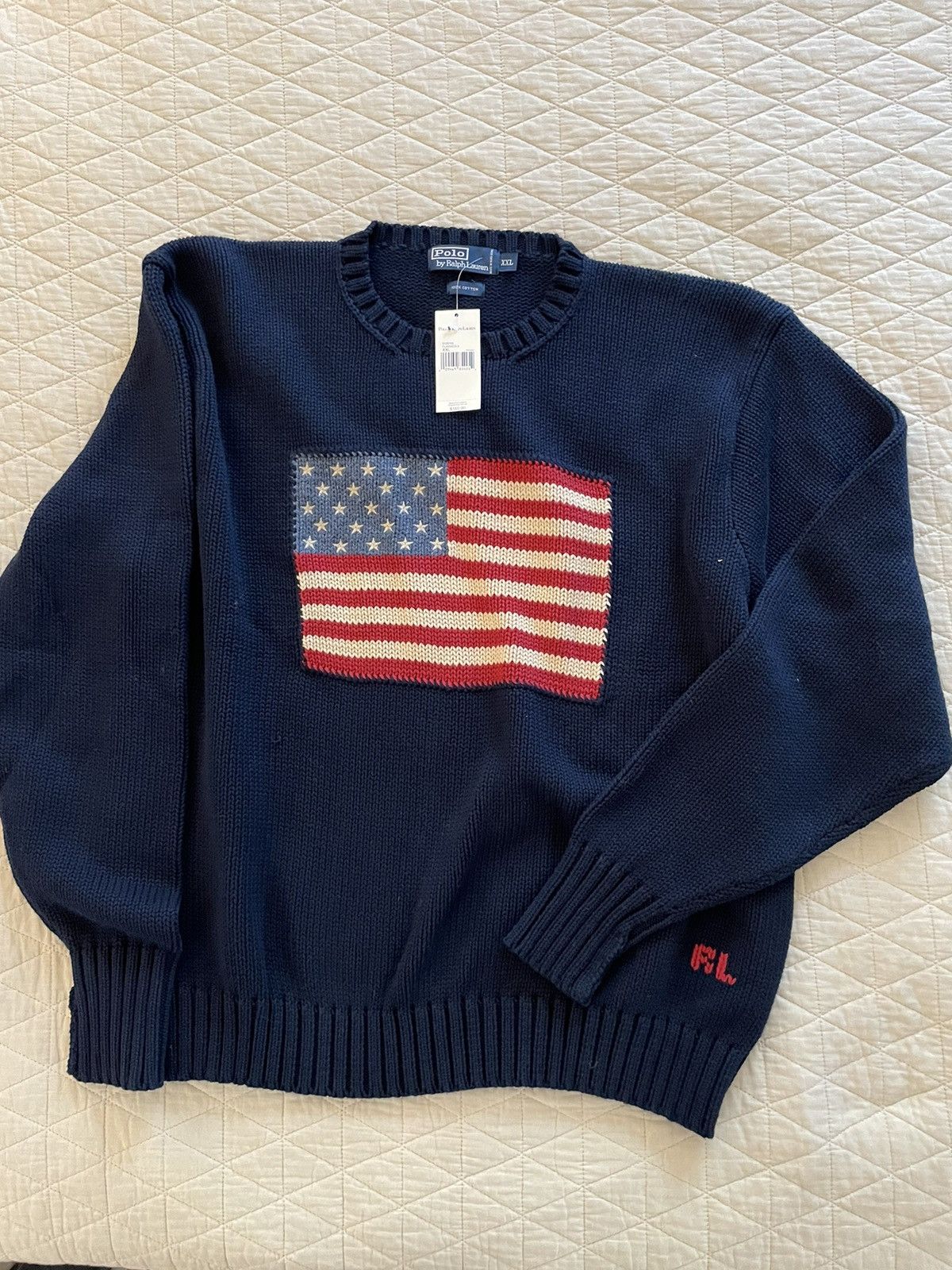 image of Polo Ralph Lauren x Vintage The Iconic Intarsia-Knit American Flag Sweater in Navy, Men's (Size 2XL