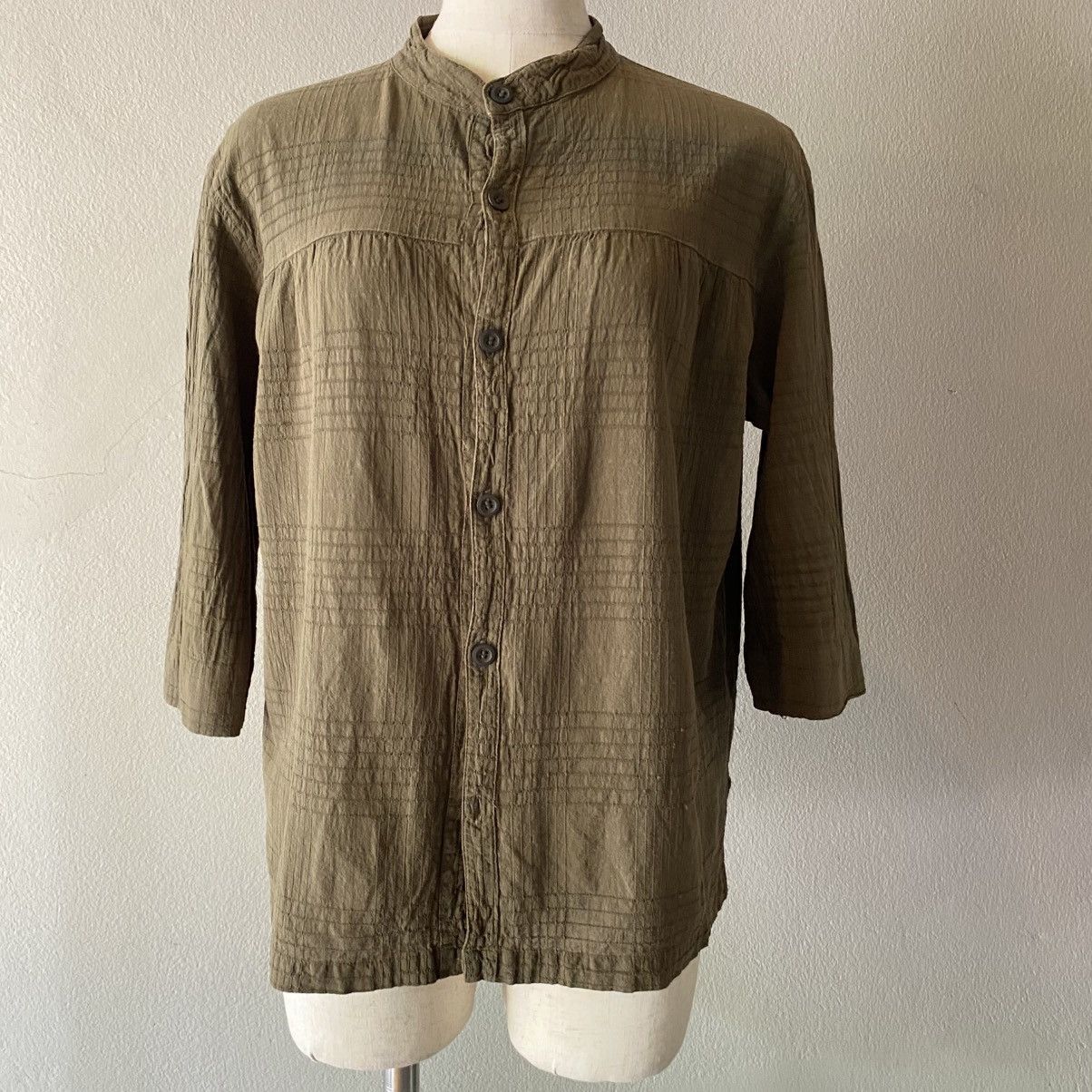 Issey Miyake Plantation Olive Textured Button-Down Tunic Size M / US 6-8 / IT 42-44 - 13 Thumbnail