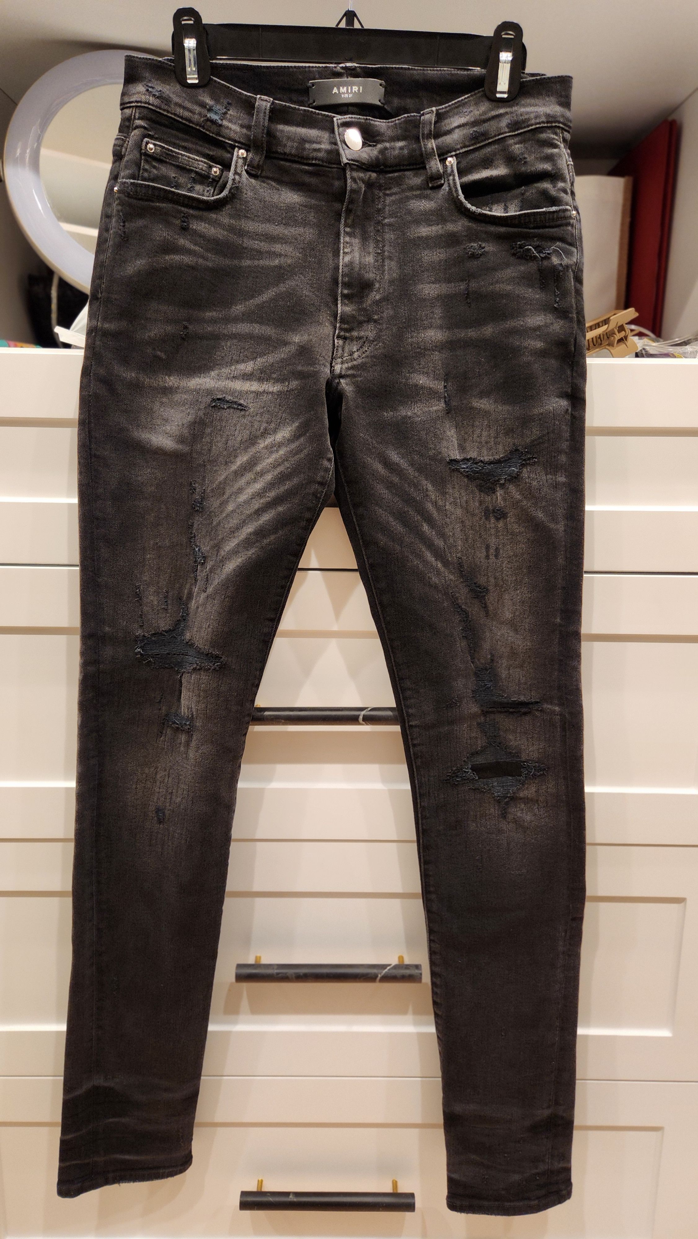 image of Amiri "bruise Repaired" Distressed Jeans In Aged Black Size 31, Men's