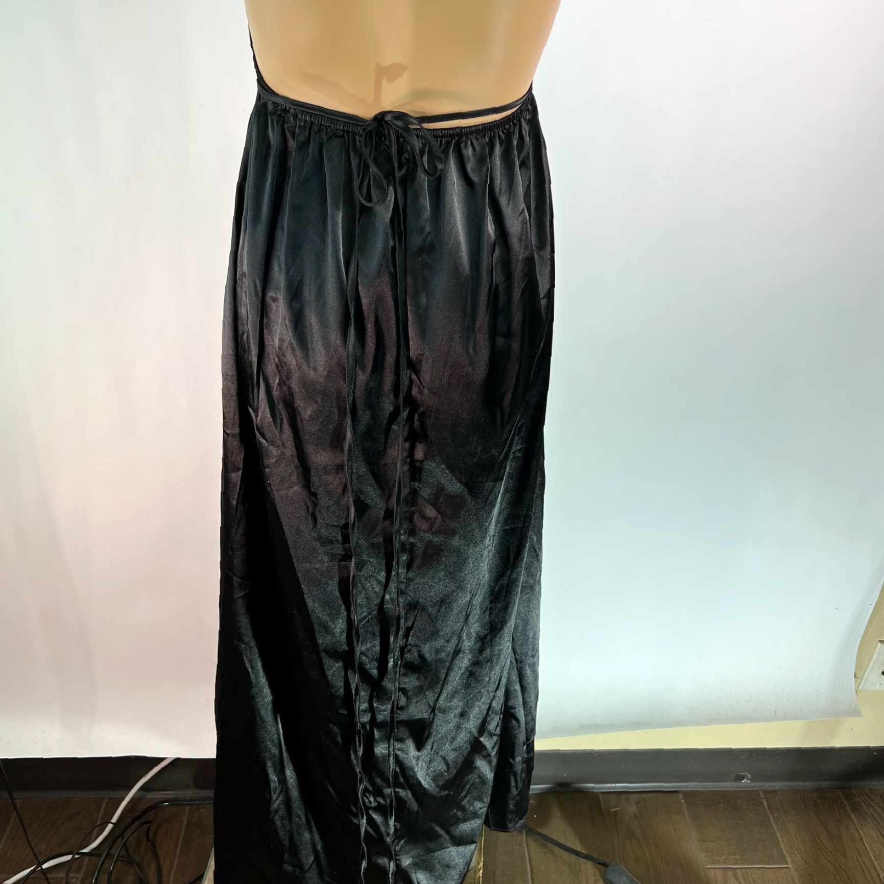 Shein Womens Shein Plunge Neck Crisscross Back Satin Black Dress XS Size Maxi Length 43 in Sleeve Halter Lace Accents Solid Color Designer Brand Shien Size XS / US 0-2 / IT 36-38 - 6 Thumbnail