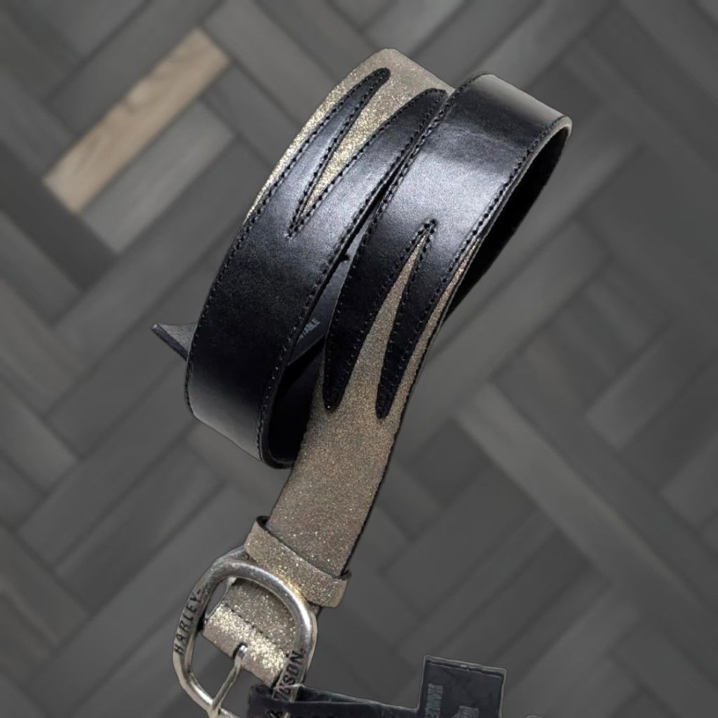 Harley Davidson VINTAGE Harley-Davidson leather belt 34 black gold TANK GIRL belt Unisex Adults Leather Belt Pattern Spellout 34 Men Women Size 34 - 1 Thumbnail