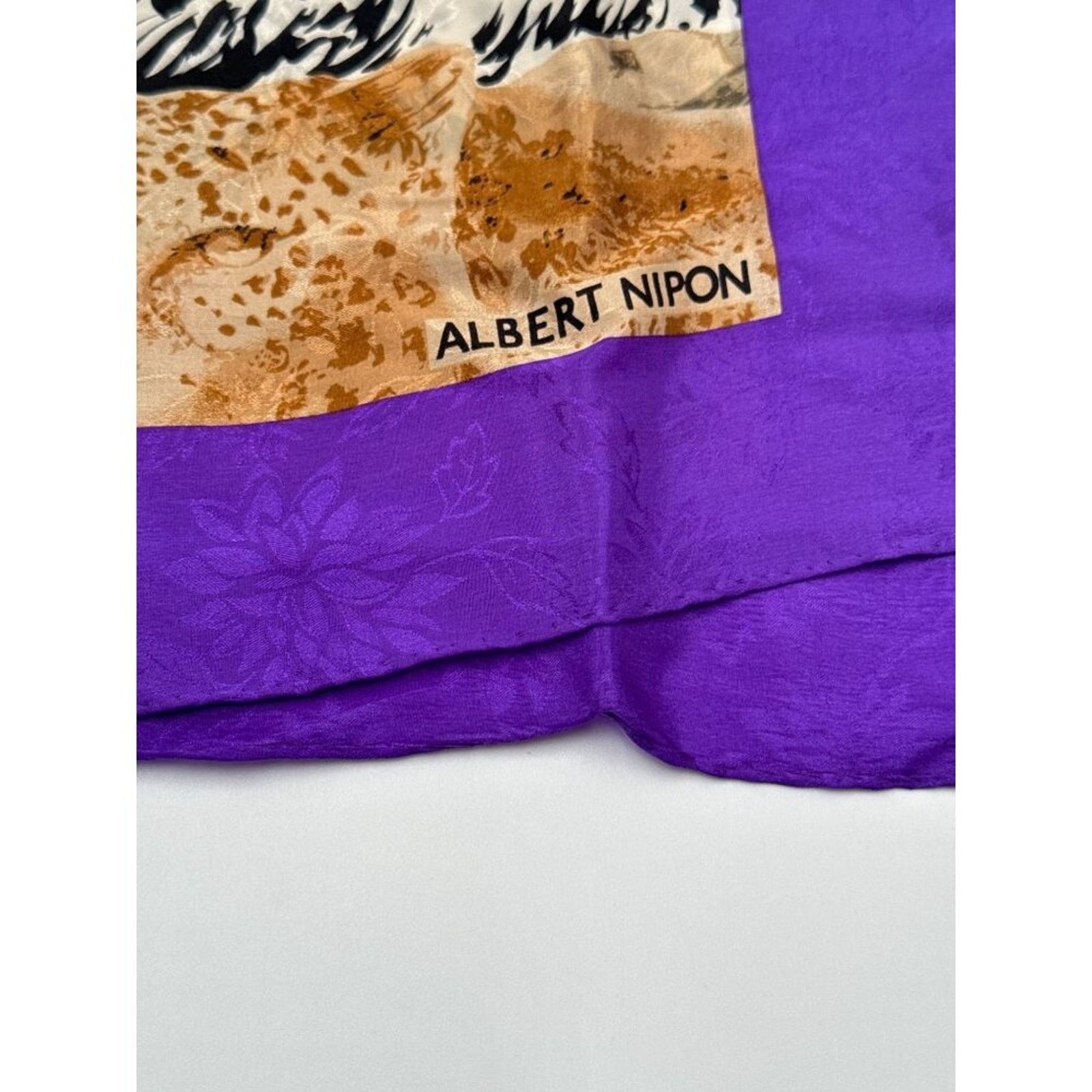 Albert Nipon Albert Nipon Scarf Vintage Leopard Print Purple Trim Silk Size ONE SIZE - 4 Thumbnail