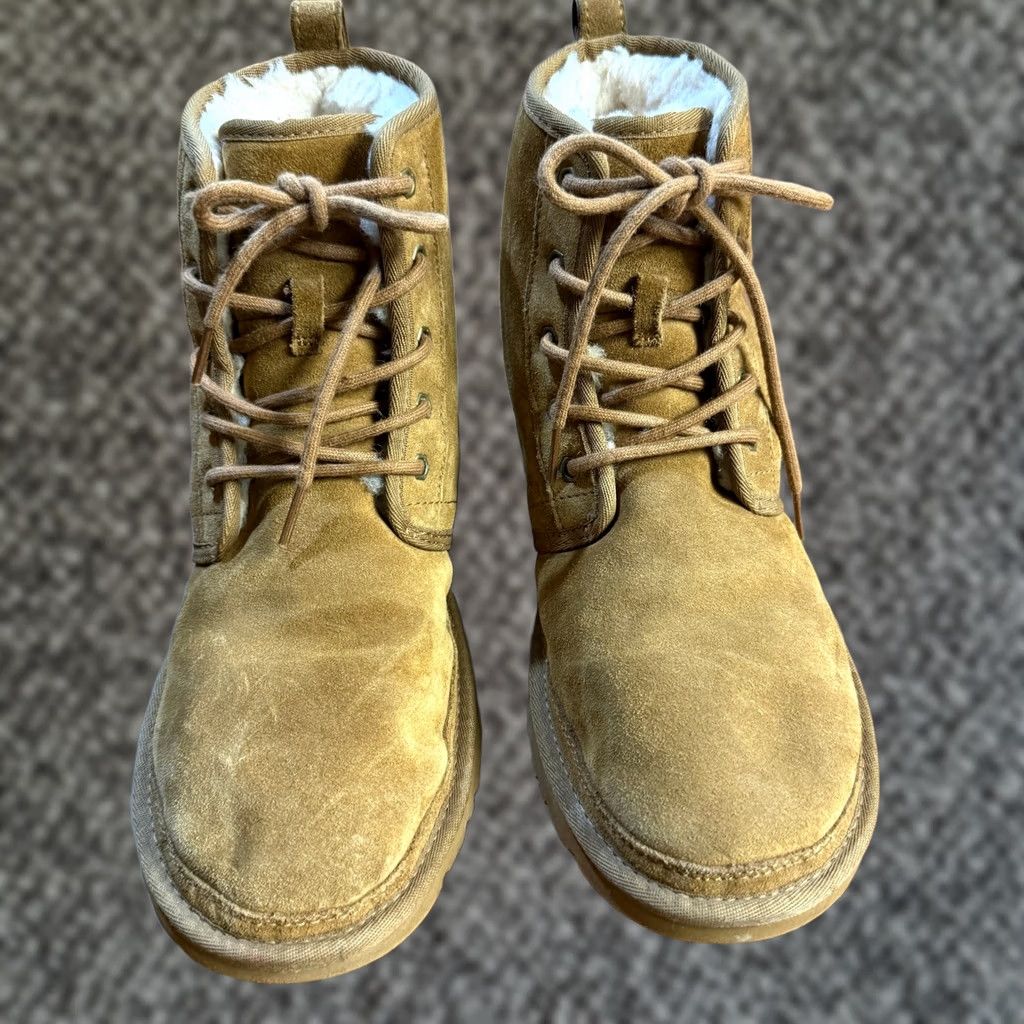 Ugg UGG Suede Ankle Boots 9 Mini Harkley 1016472 Shearling Lace Up Beige Bootie, Casual Winter Flat Heel Womens Size US 12 / IT 42 - 1 Thumbnail