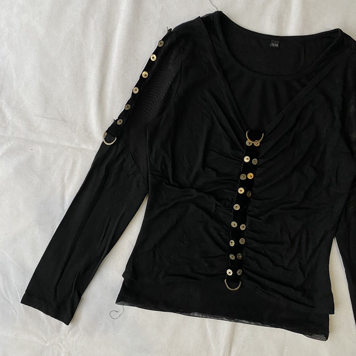 Japanese Brand Black Studded Ruched Mesh Double Layer Punk Goth Grunge Top Size M / US 6-8 / IT 42-44 - 3 Thumbnail