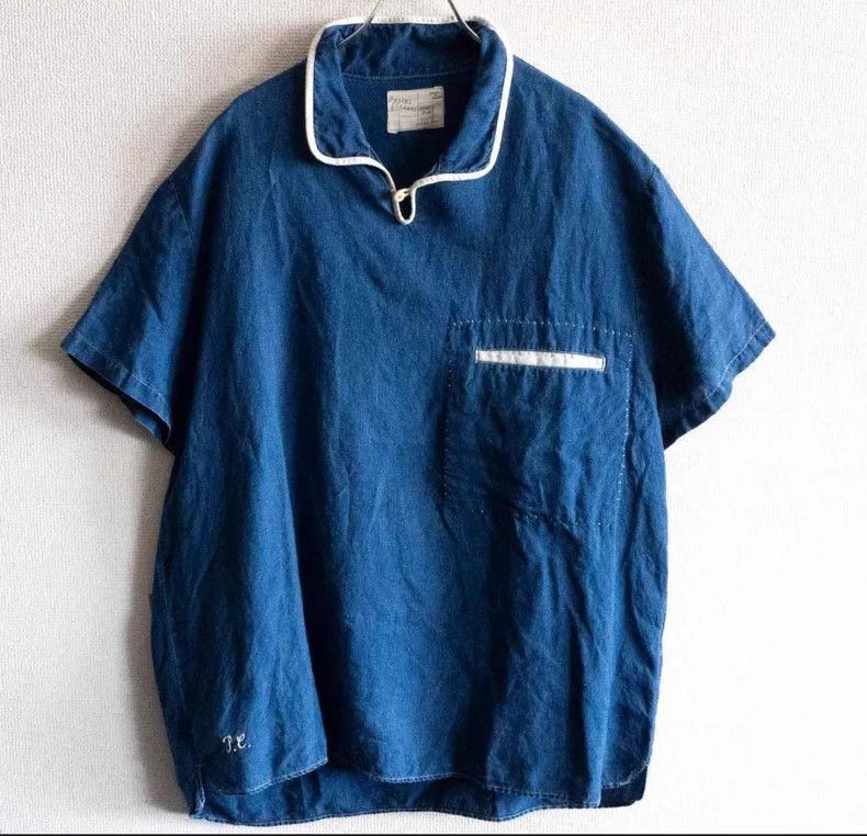 Porter Classic Blue Dyed Color-Block Linen Navy Collar Shirt Size US M / EU 48-50 / 2 - 1 Thumbnail