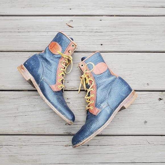 Justin Boots × Vintage Vintage 70s Western Navy Blue Bullhide British Tan Boots Size US 6 / IT 36 - 2 Thumbnail