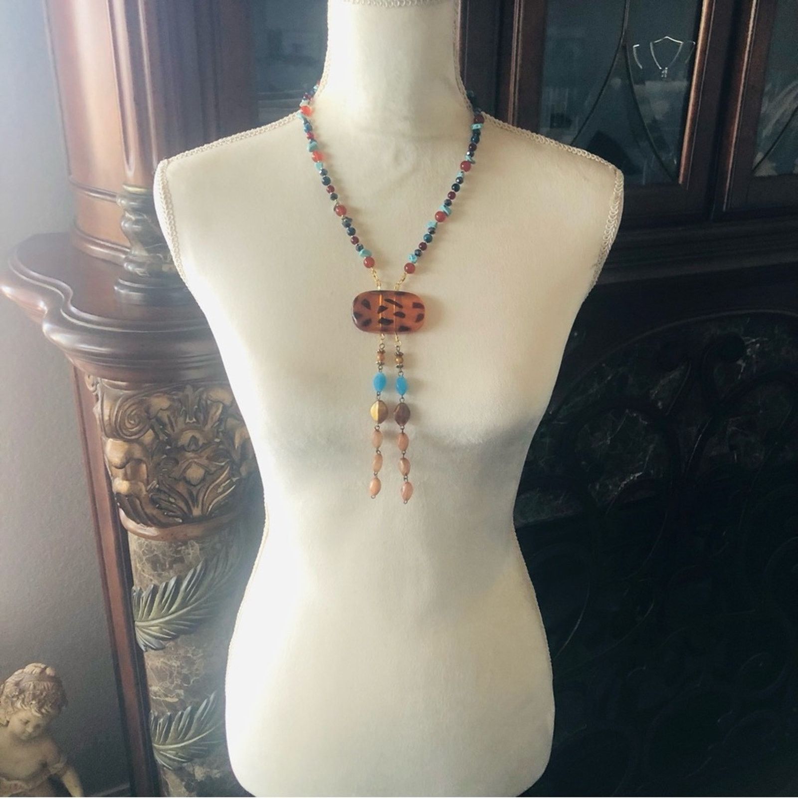 Handmade Handcrafted genuine stone faux tortoise medallion necklace Size ONE SIZE - 4 Thumbnail