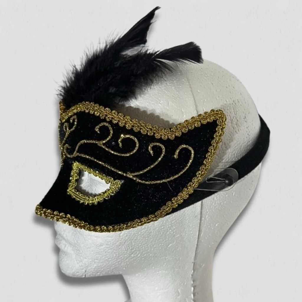 Vintage Mask Swirling Embroidery Feathers Elastic Strap Black/Gold Size ONE SIZE - 4 Thumbnail