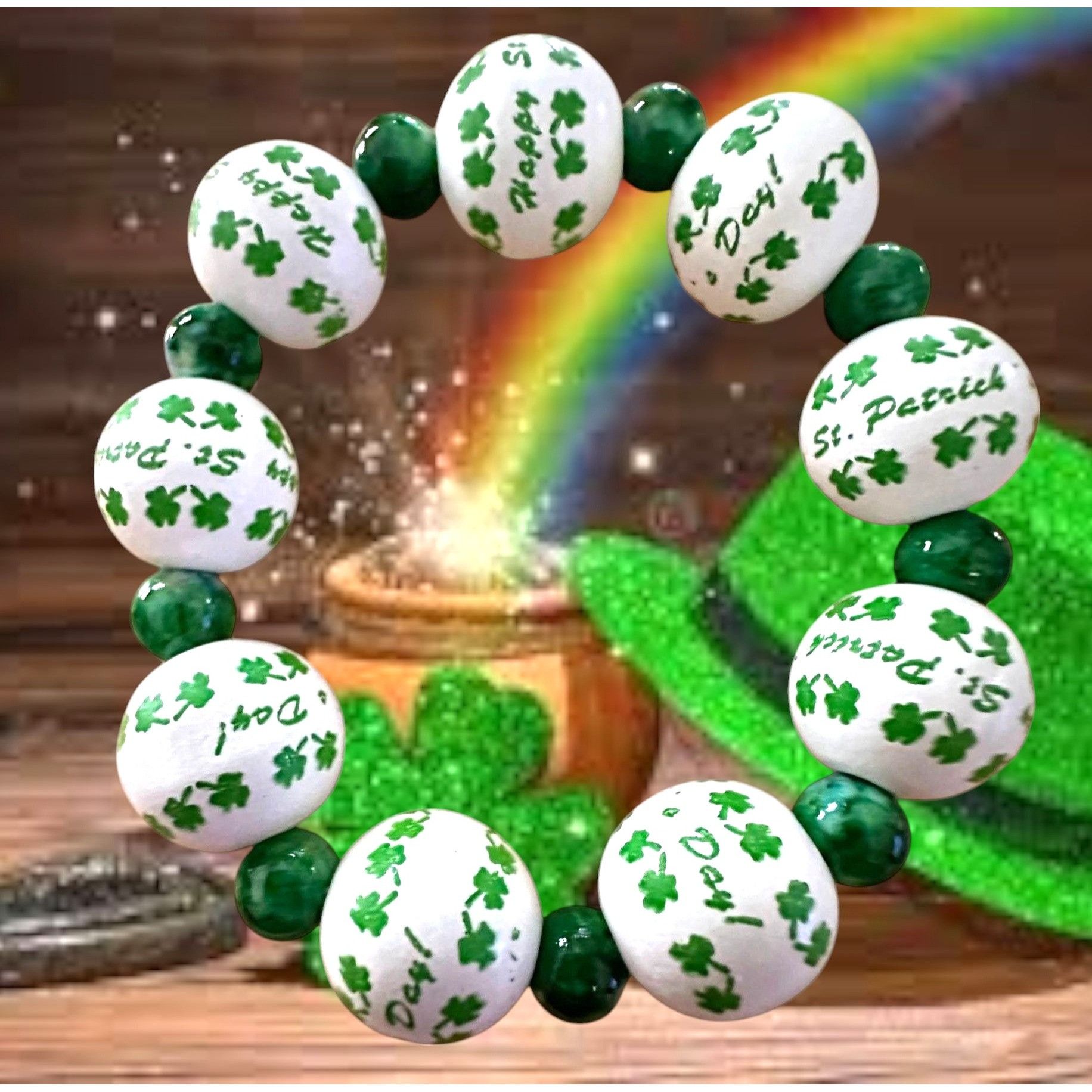 Handmade Happy St Patricks Day Shamrock Wood Beaded Stretch Bracelet Size ONE SIZE - 5 Thumbnail
