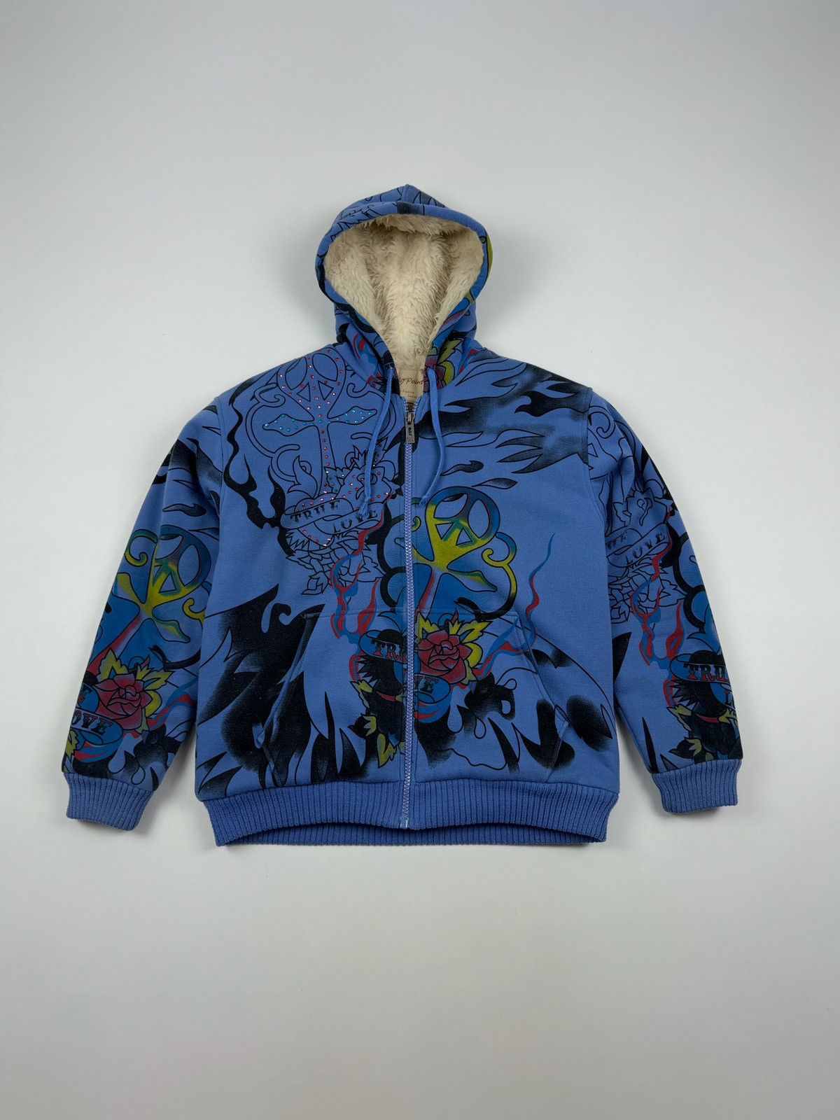 image of Y2K Vintage Really Point Like Ed Hardy Style Sherpa Hoodie in Blue, Men's (Size Large)