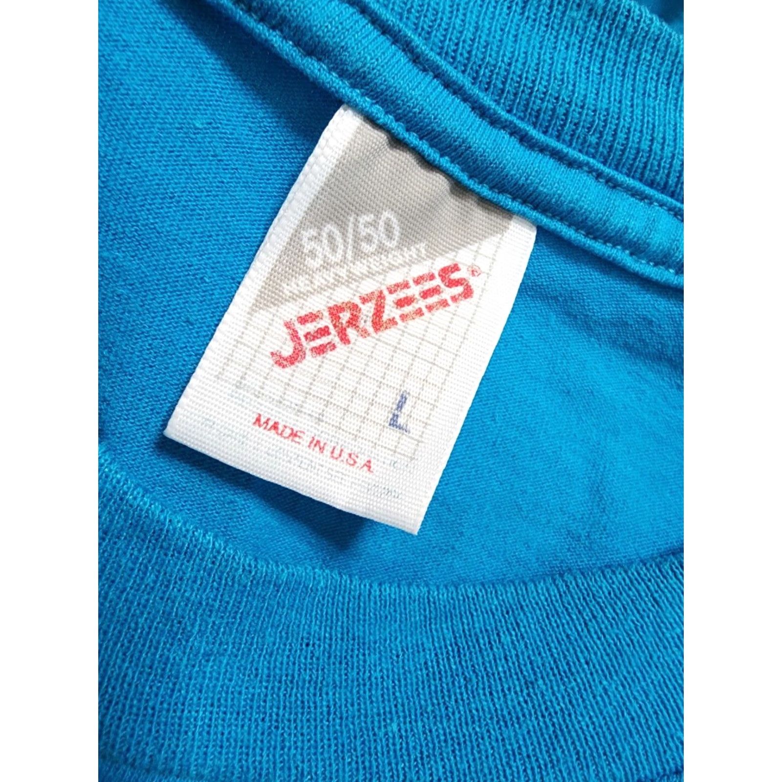 Jerzees VINTAGE Mens L Bowling Spare Time in Paradise Team T-Shirt Blue 1990s Jerzees Unisex Short Sleeve Made in USA Size US L / EU 52-54 / 3 - 4 Thumbnail
