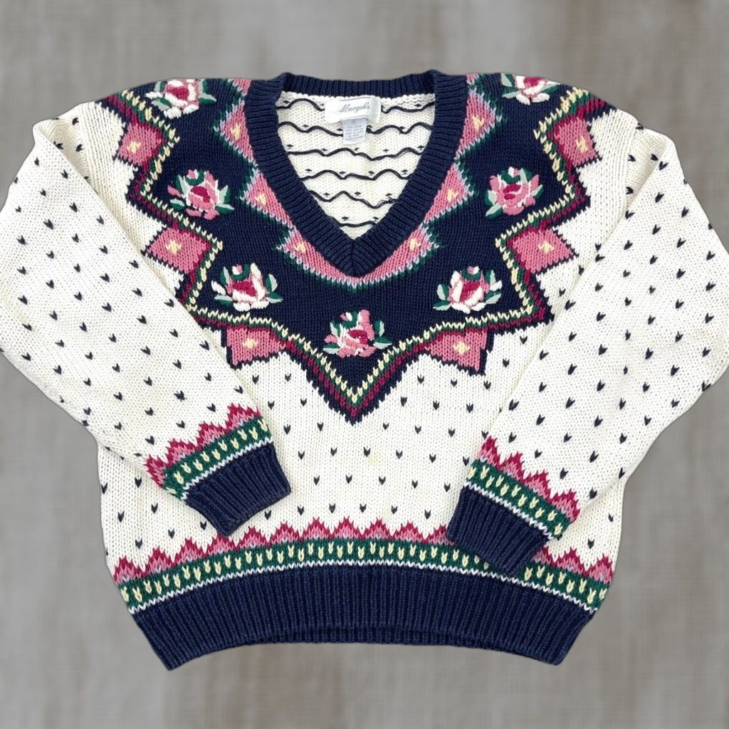 Vintage VINTAGE Margules Sweater Women Medium Nordic Birdseye Cricket Deep V Neck Boho Size M / US 6-8 / IT 42-44 - 1 Thumbnail