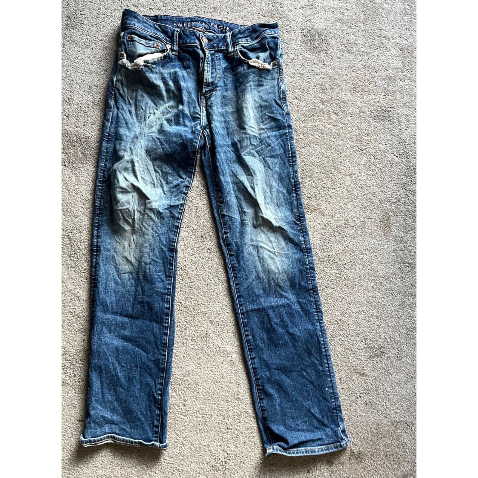 American Eagle Outfitters American Eagle Original Bootcut Jeans Men's W32 x L34 Blue Airflex+ Distressed Size US 32 / EU 48 - 3 Thumbnail