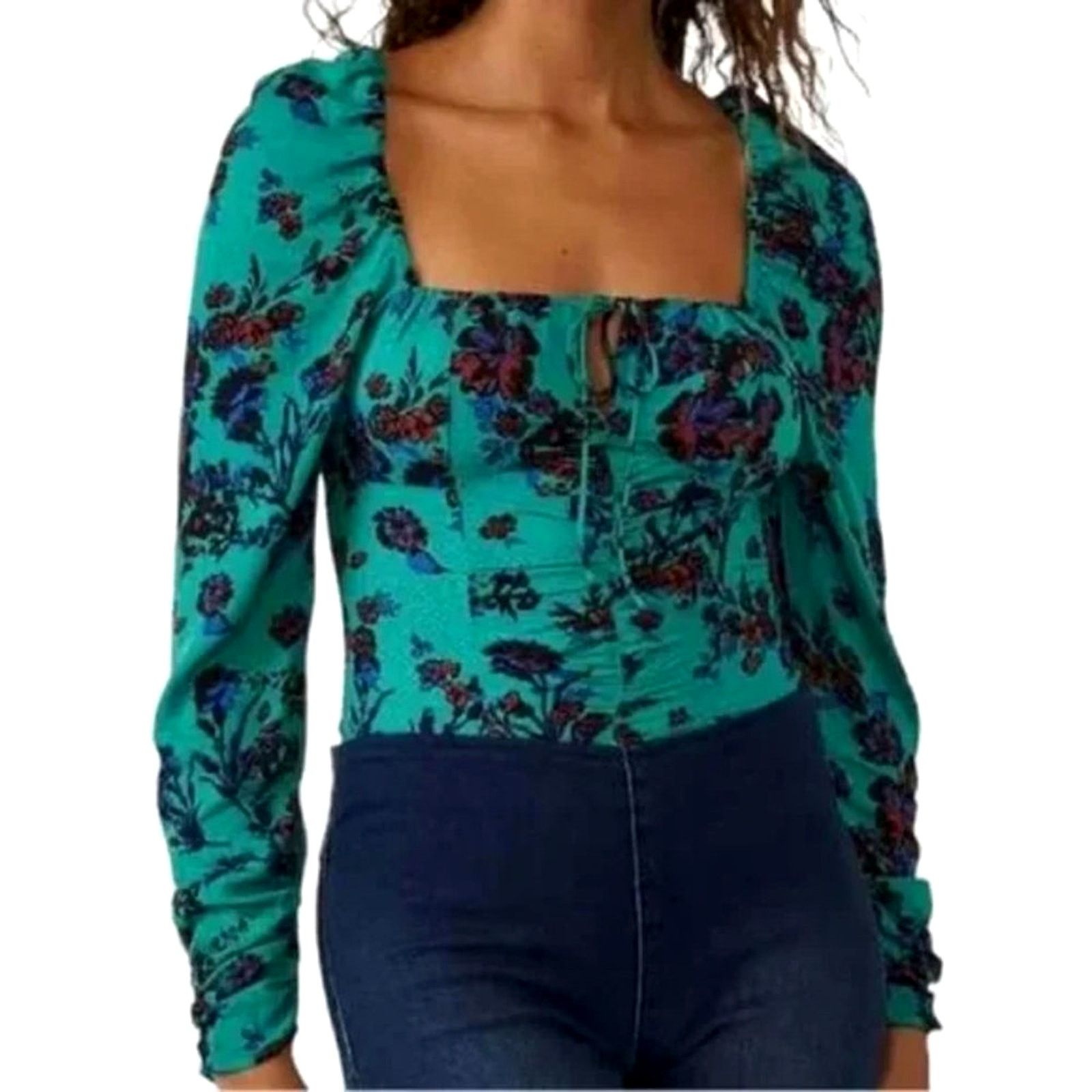 Free People Free People Hilary Floral Printed Low Square Back Top Teal M Size M / US 6-8 / IT 42-44 - 2 Thumbnail