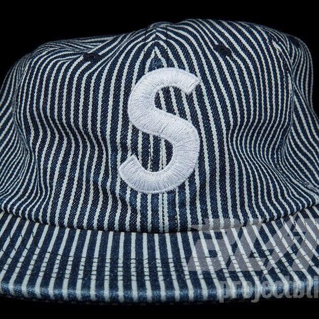 SS17 SUPREME WASHED DENIM S LOGO 6 PANEL CAP HAT BLUE STRIPE