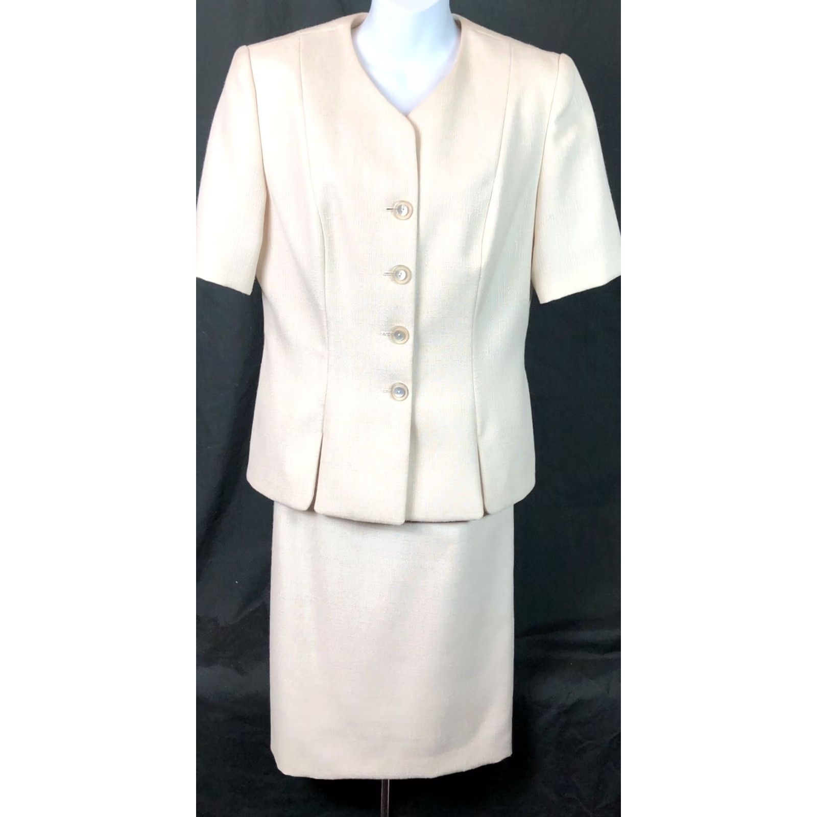 Vintage Dress Barn Skirt Suit 10 Ivory 2pc Lined V Neck Pleat Hem Knee Length Back Slit Size 29" - 7 Thumbnail