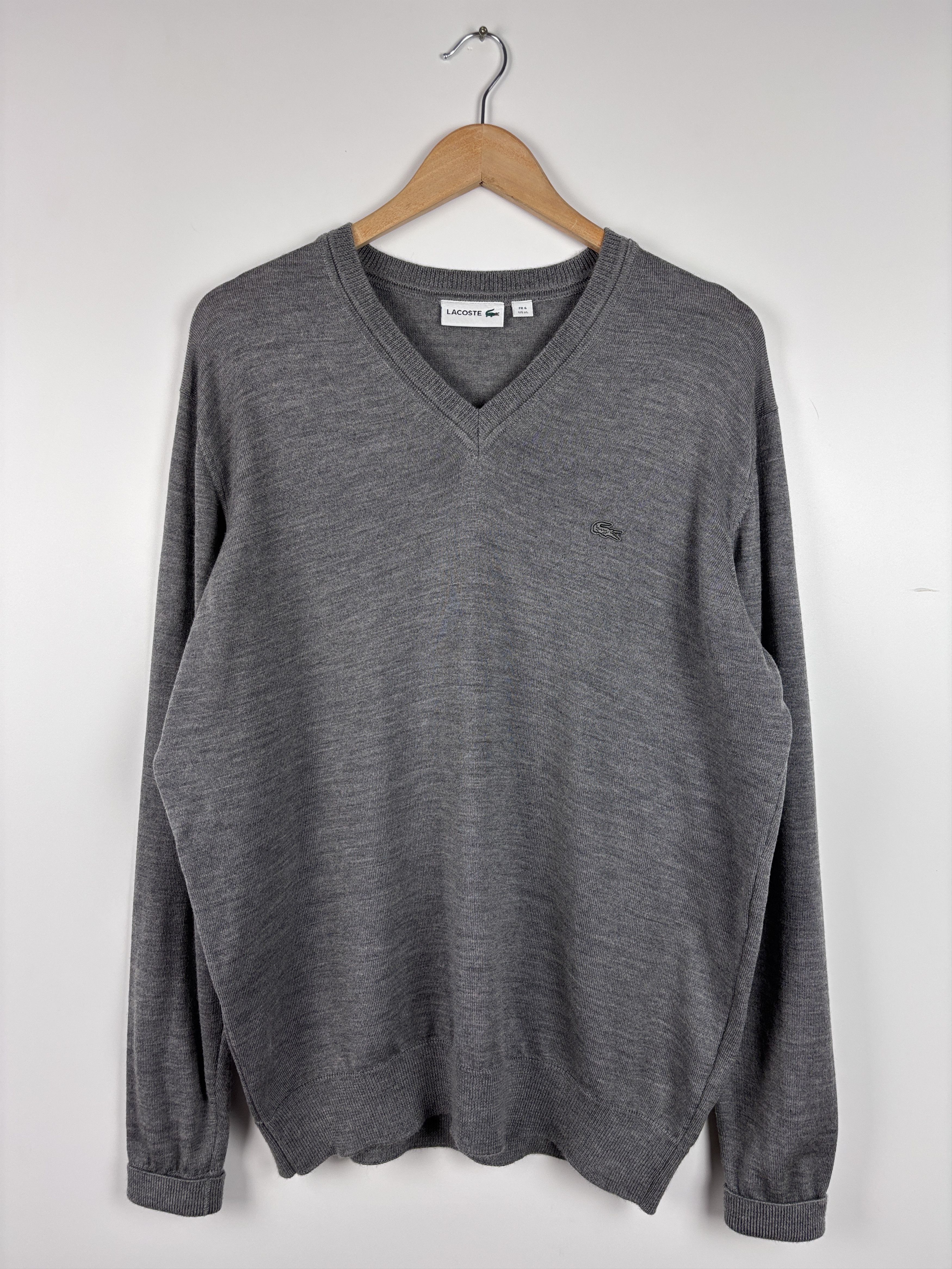 Lacoste Mens Lacoste V-Neck Sweater Wool Pullover Gray Size XL Size US XL / EU 56 / 4 - 1 Thumbnail