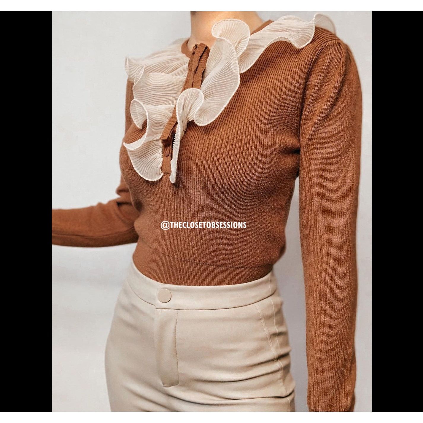 Zara ZARA Brown Knit Ruffle Top NWT Size M / US 6-8 / IT 42-44 - 5 Thumbnail
