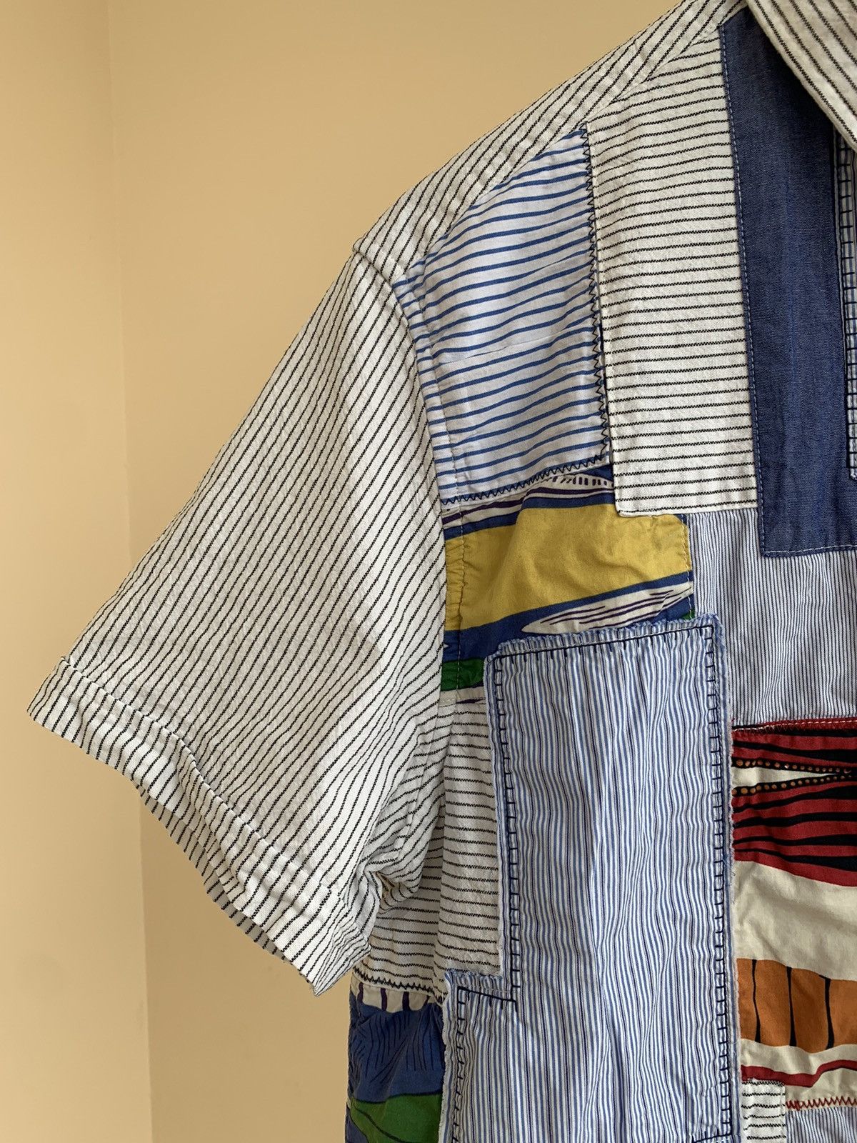 Desigual Salsa Slim Fit Patchwork Madras Striped Short Sleeve Shirt Size US XL / EU 56 / 4 - 8 Thumbnail
