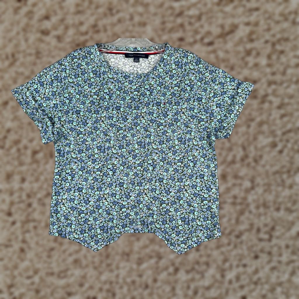 Tommy Hilfiger Tommy Hilfiger Shirt Women Small Blue Floral Crew Neck Cotton Blend Short Sleeve Size S / US 4 / IT 40 - 1 Thumbnail