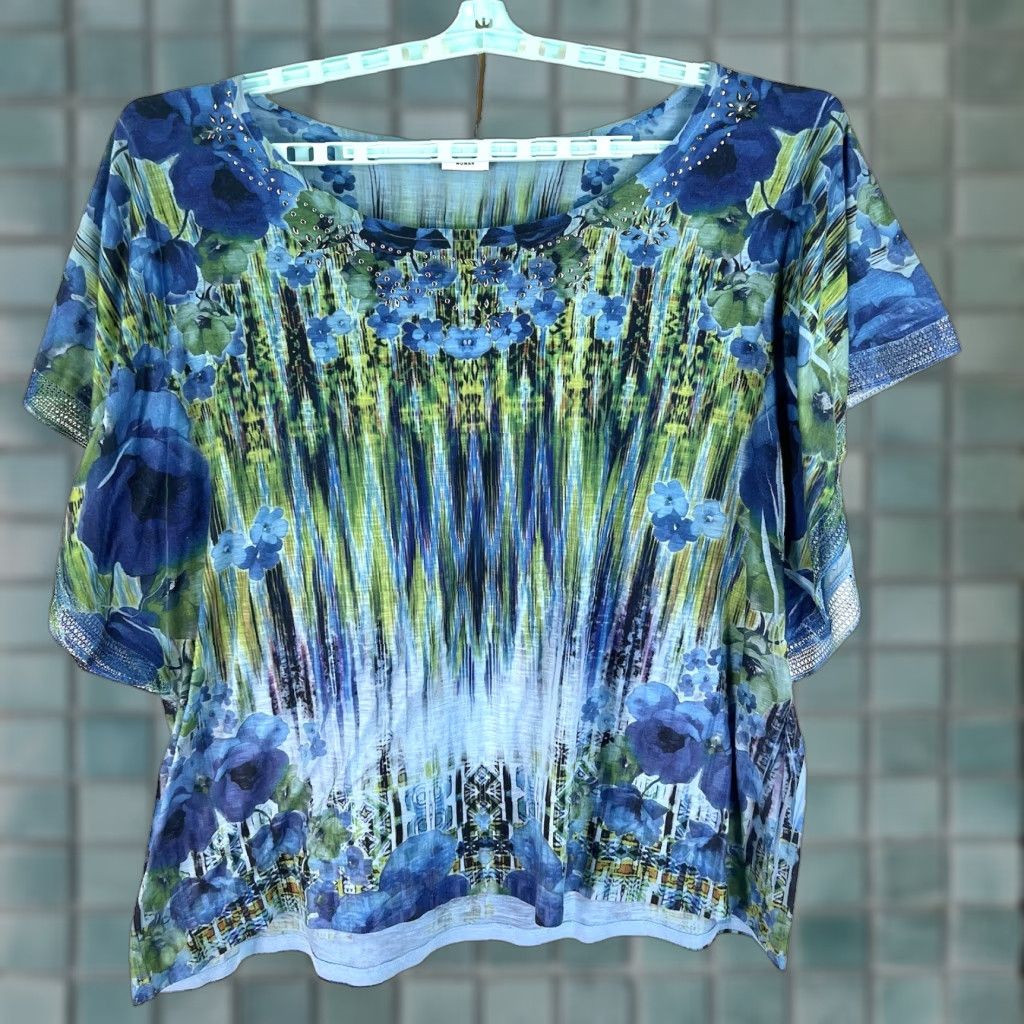 Vintage Cato Floral Embellished Open Sleeve Blouse Women's Size 26 Blue Flowing Poly Size 4XL / US 24-26 - 1 Thumbnail