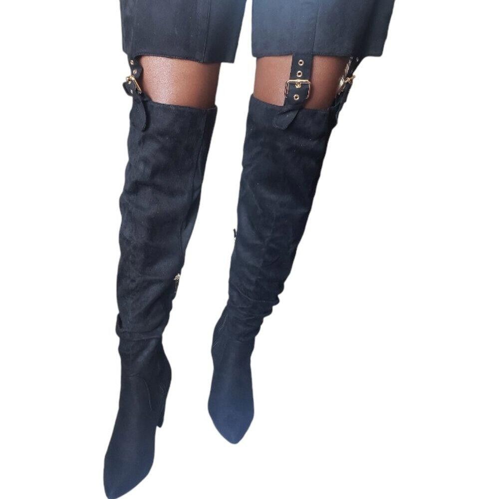 Designer Detogni Black Faux Suede Thigh High Boots Size 8 Size US 8 / IT 38 - 5 Thumbnail