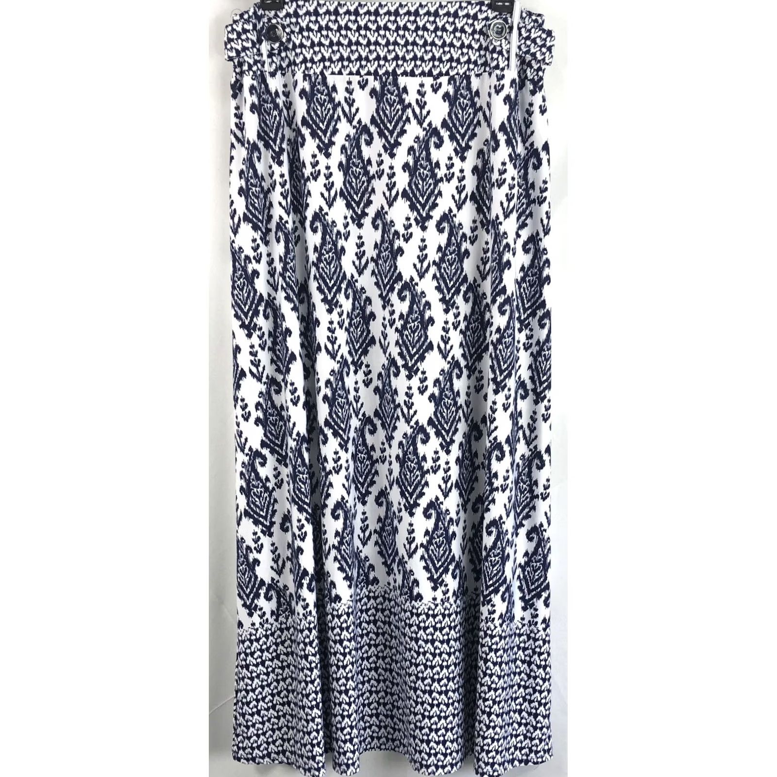 Etro Retro Maxi Skirt L Wht/Blue Geometric A-line Stretch Buttons Boho Hippie 30"w Size 36" / US 14 / IT 50 - 4 Thumbnail