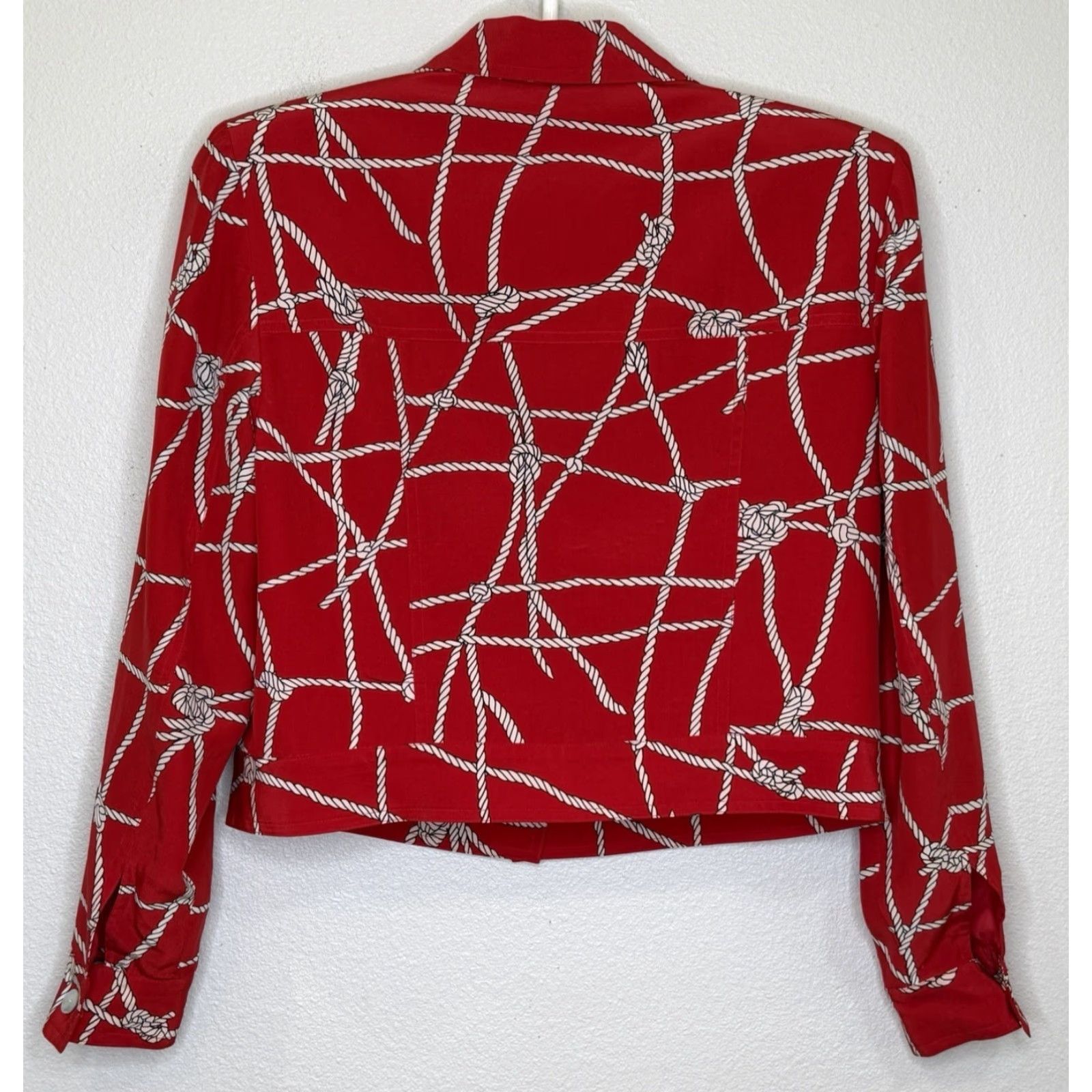 MAGGY LONDON VINTAGE Maggie L Silk Jacket Womens Petite 8 Red Rope Print Button Front Long Sleeve Navy Nautical Womens Size M / US 6-8 / IT 42-44 - 5 Thumbnail