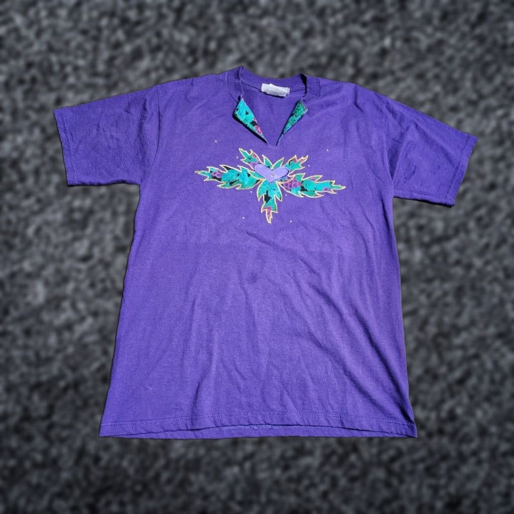 Vintage VINTAGE M Mens T-Shirt 90s Purple Crew Neck Cottagecore Leaf Puff Print Embellished Stitch Cotton Polyester Size US M / EU 48-50 / 2 - 1 Thumbnail