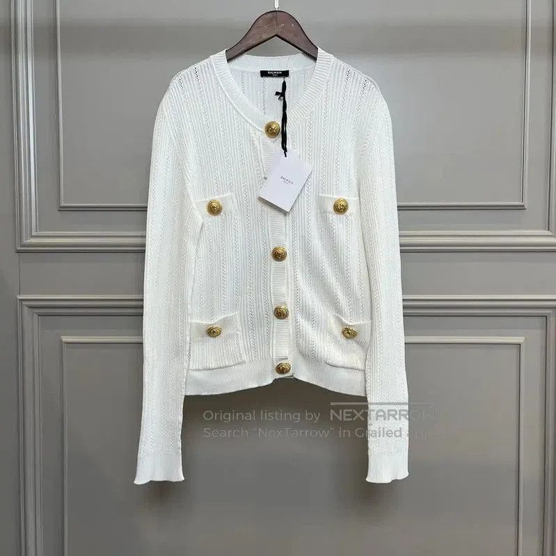 Balmain Balmain White Textured Knit Cardigan for Women . Size XL / US 12-14 / IT 48-50 - 1 Thumbnail