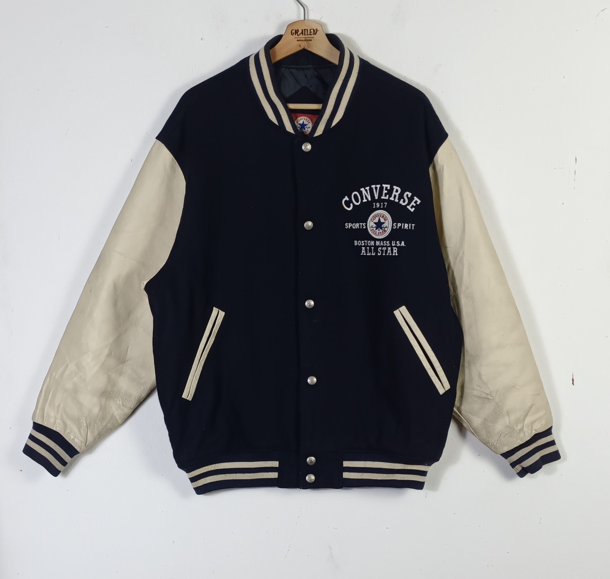 Converse CONVERSE Embroidery logo Leather Sleeve Varsity Jacket Size US XL / EU 56 / 4 - 2 Thumbnail