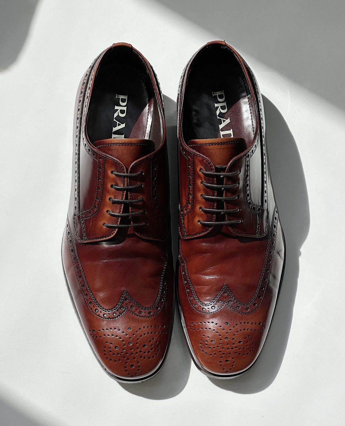 Prada $850 Brogue Derby Shoes Loafers Boots Vintage Leather in Brown, Men's
