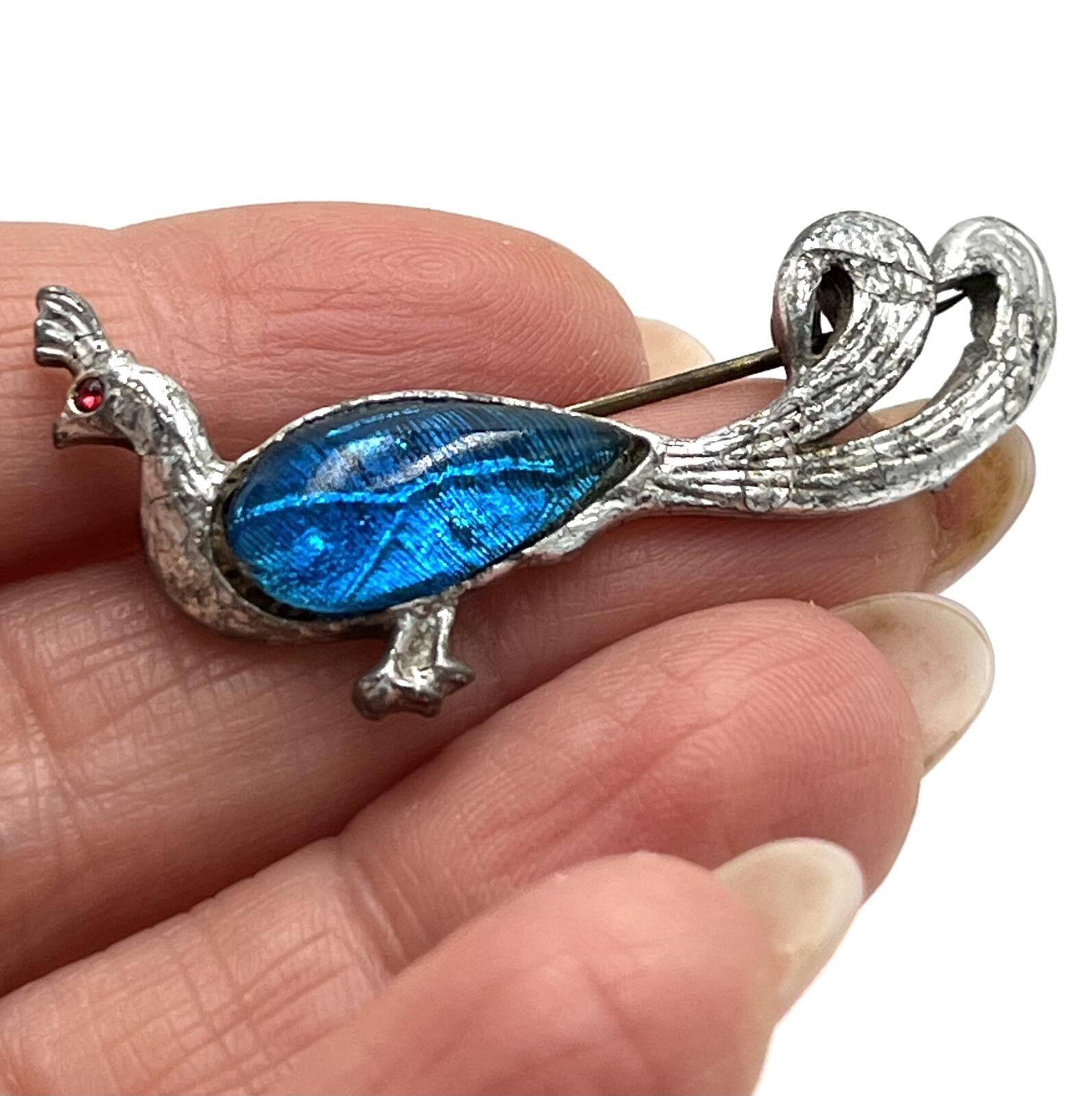 Other Antique Morpho Butterfly Wing Silvertone Peacock Brooch Size ONE SIZE - 2 Thumbnail